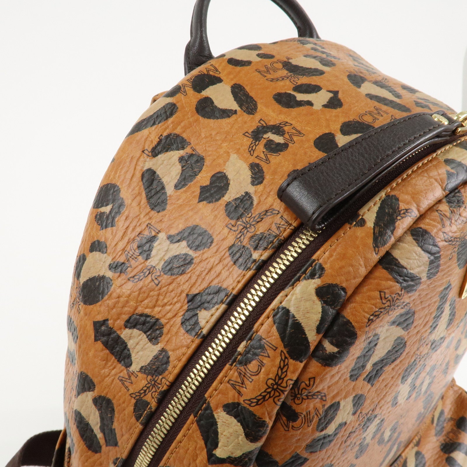 MCM Visetos Leather Leopard Back Pack Black Beige Brown Gold HDW Used