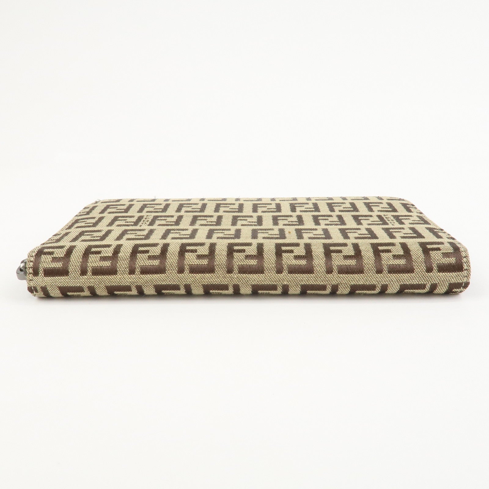 FENDI Zucchino Canvas Leather Round Zippy Long Wallet Brown 8M0024