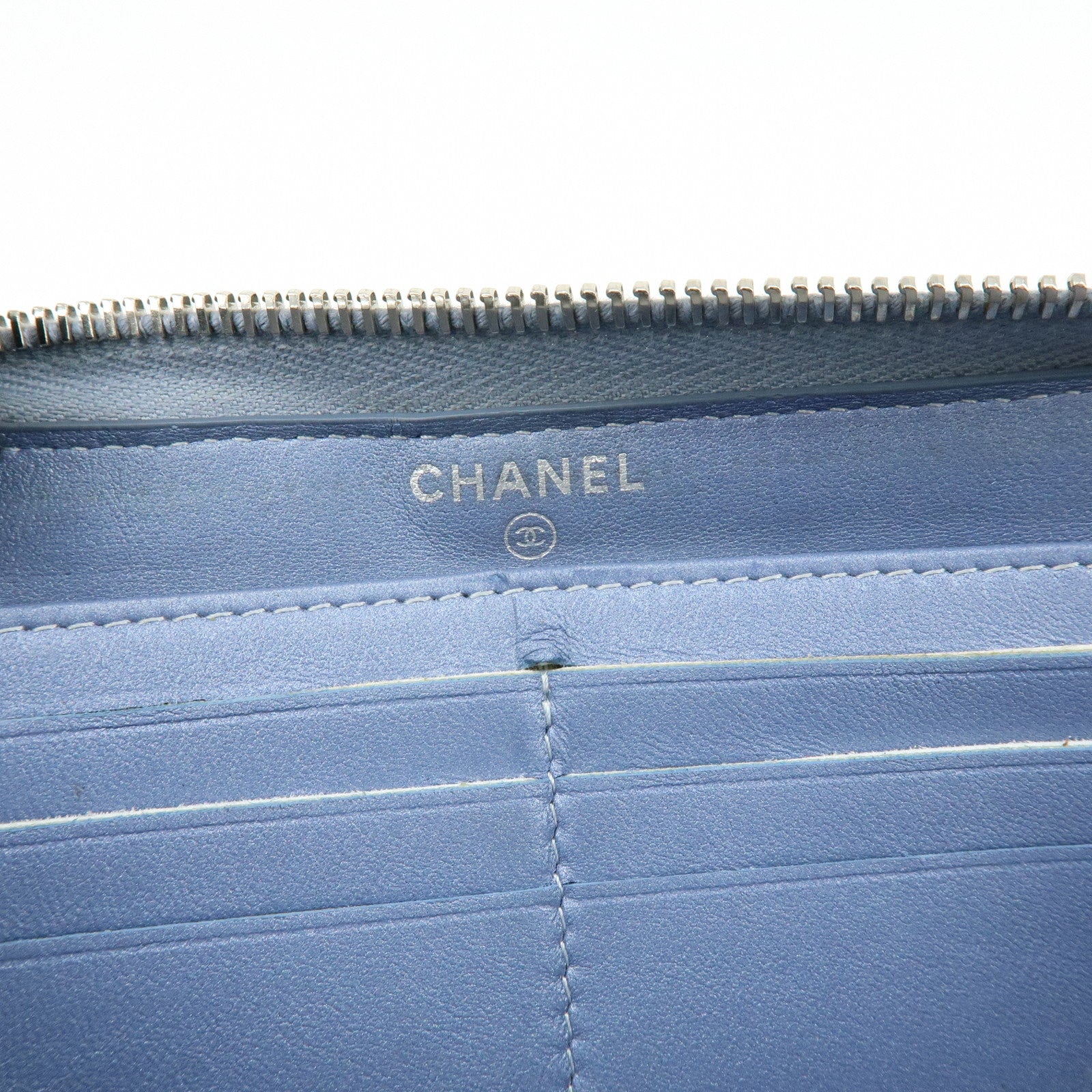 CHANEL Camellia Lamb Skin Round Zippy Wallet Light Blue A82281
