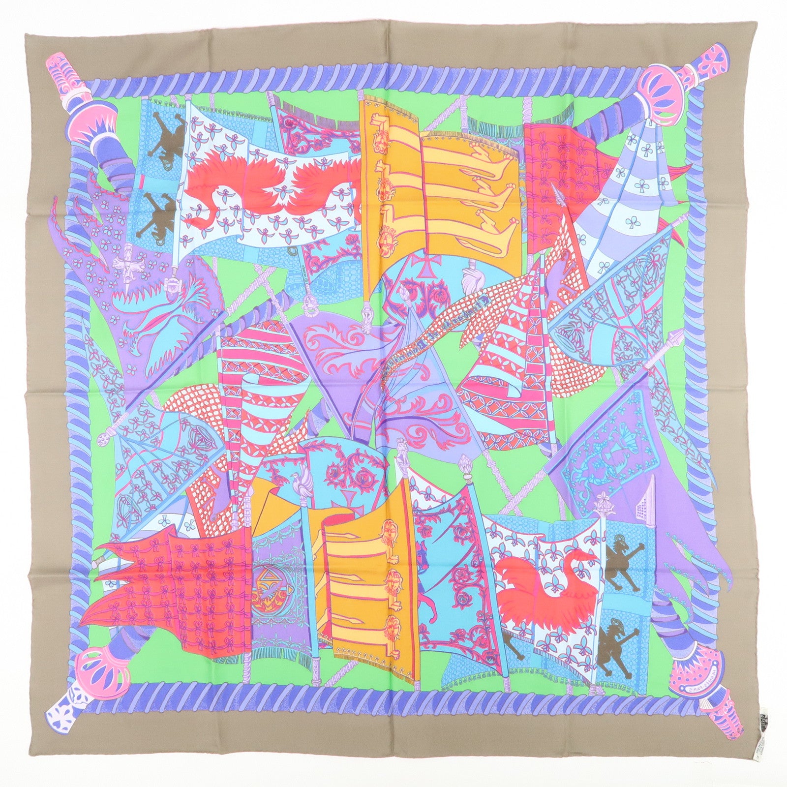 HERMES Carre 90 Silk 100% Etendards et Bonnieres Scarf Multi Color