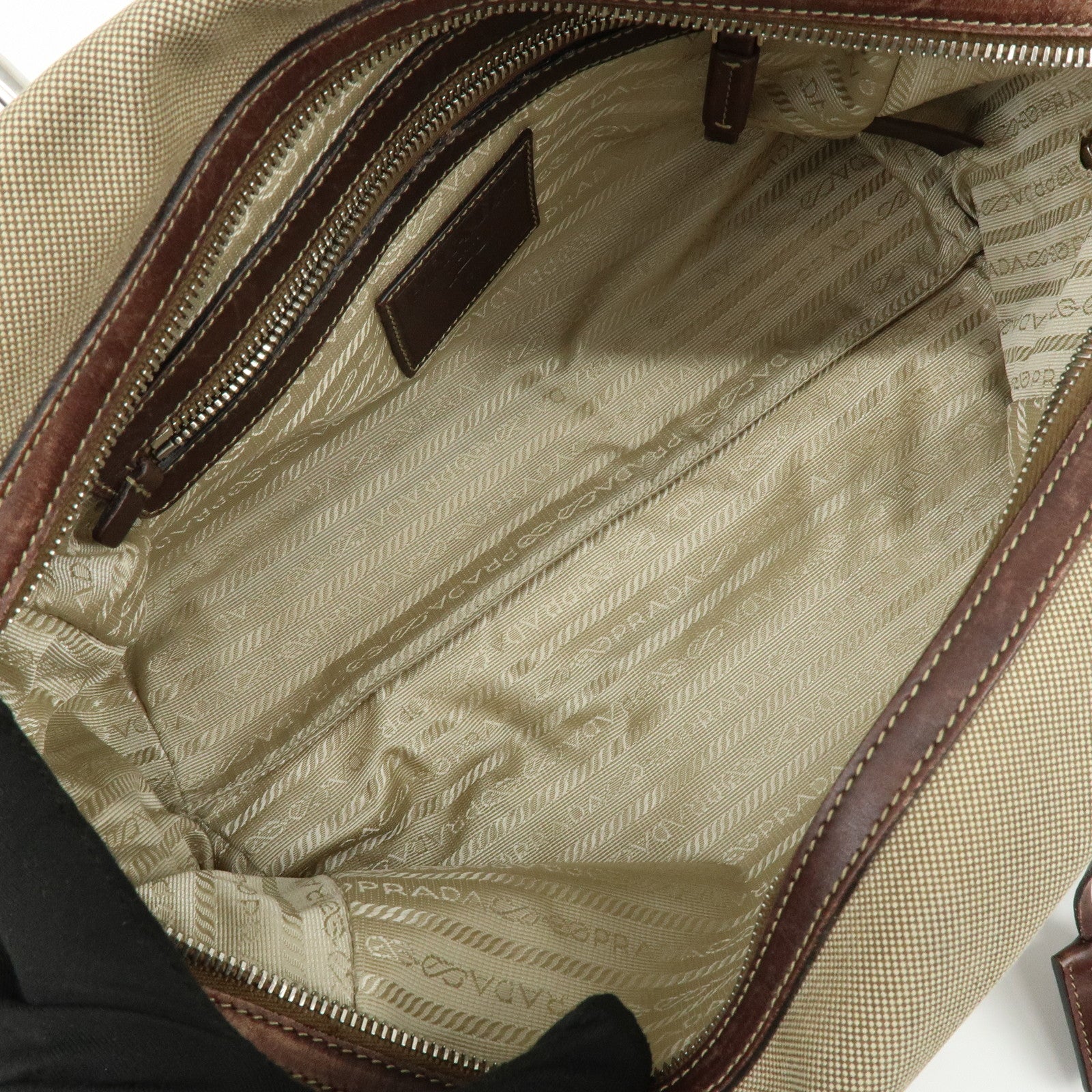 PRADA Leather Logo Jacquard Tote Bag Hand Bag Beige Brown
