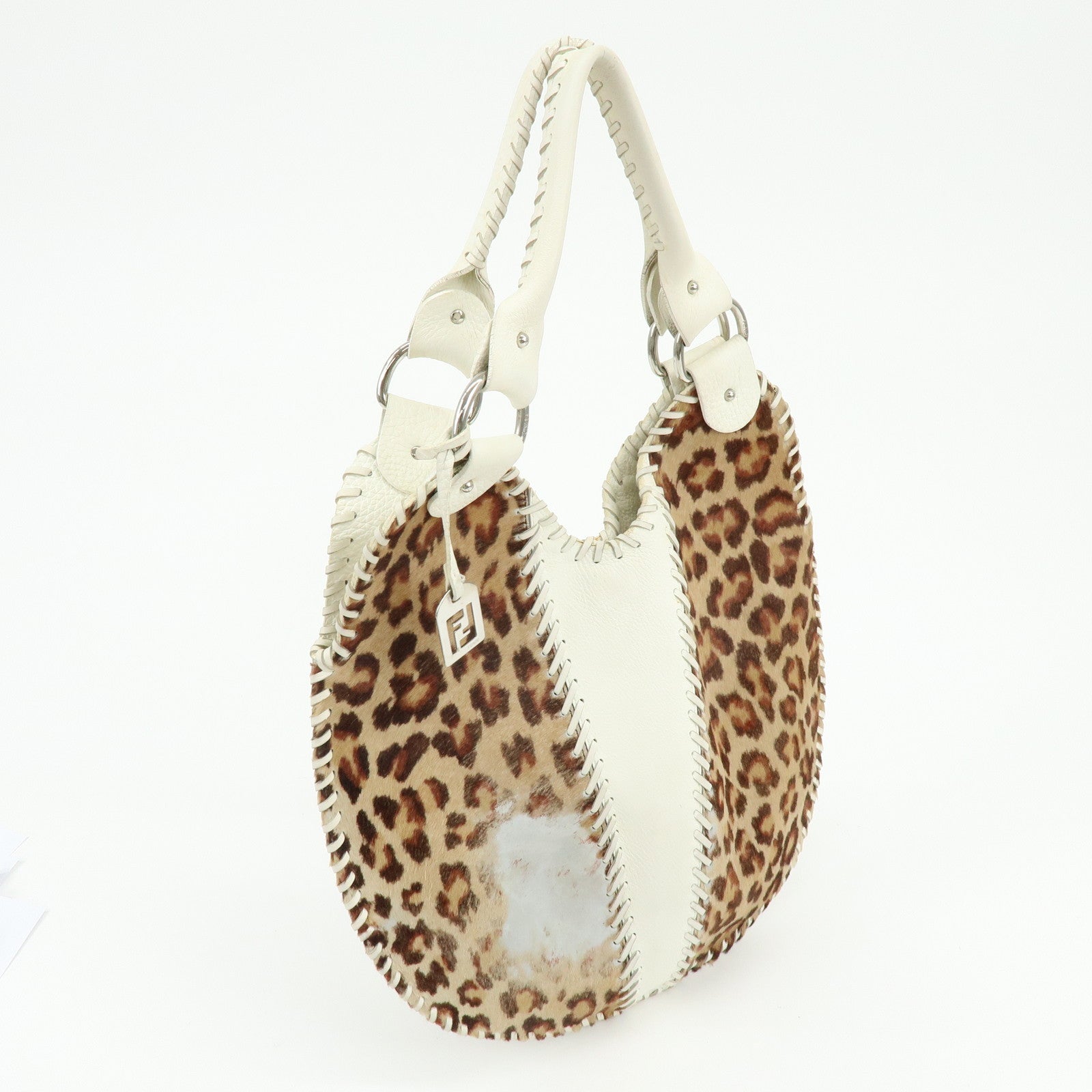 FENDI Unborn Calf Leather Tote Bag Leopard White Beige 8BR285