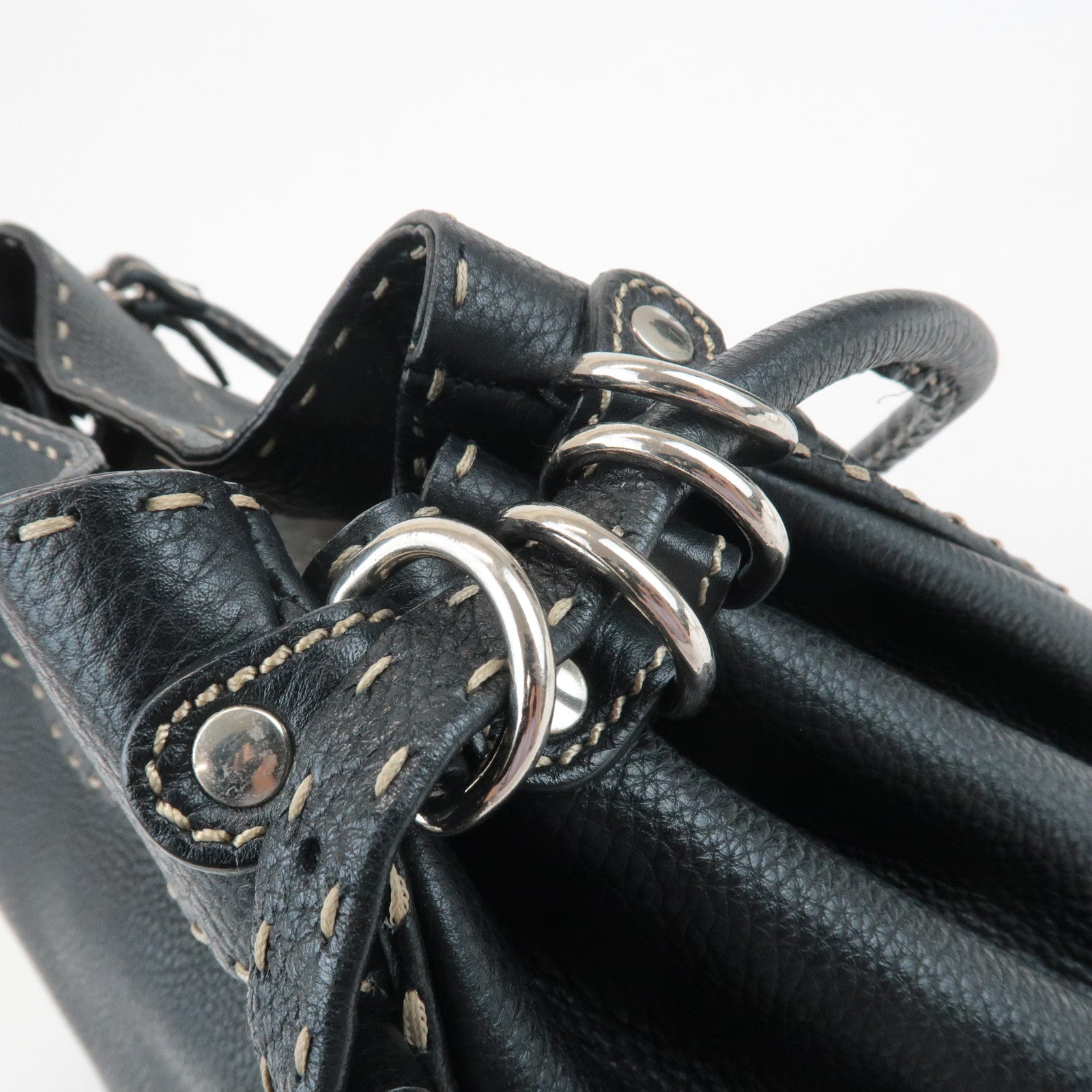 FENDI Selleria Leather Tote Bag Shoulder Bag Black 8BR489 Used