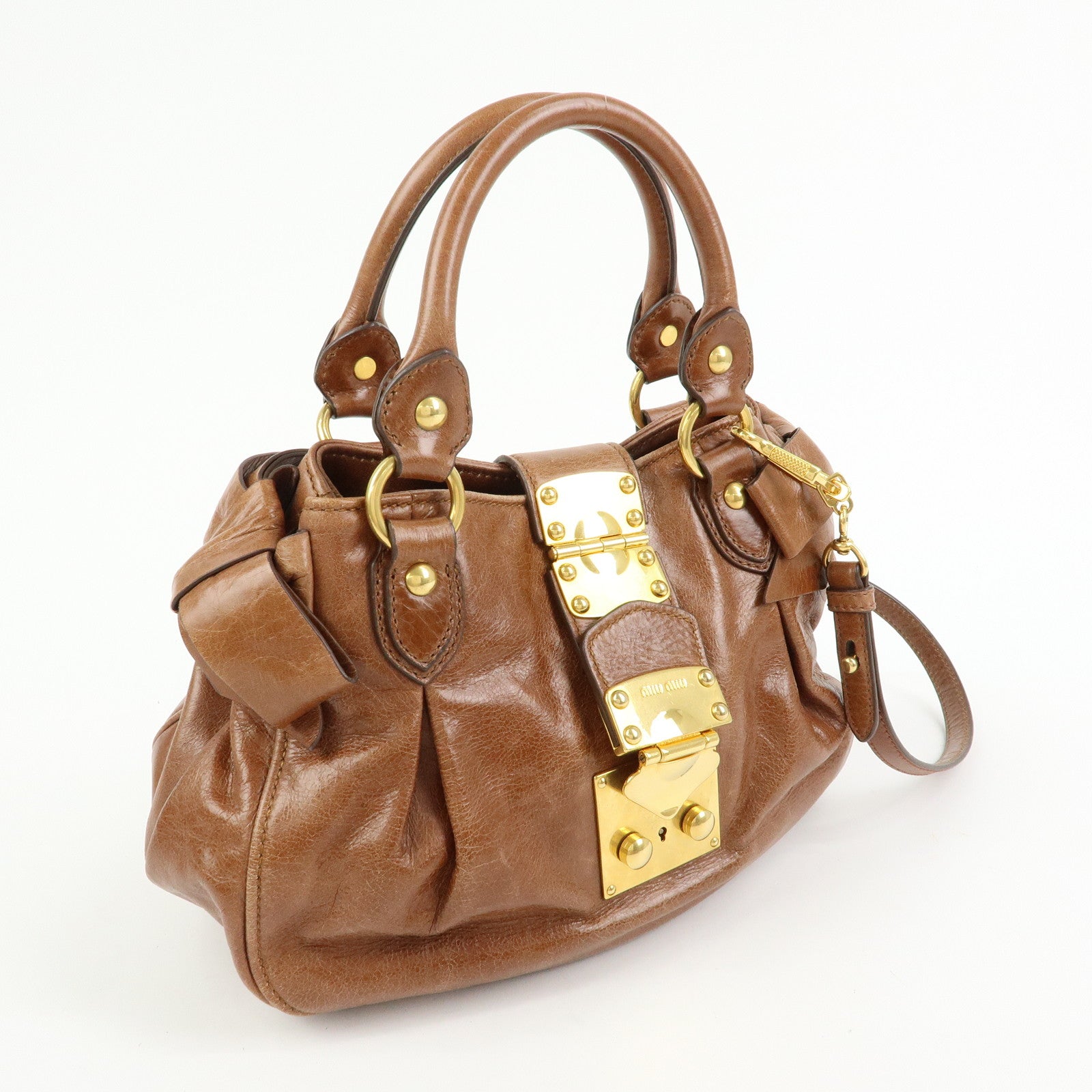 MIU MIU Leather 2Way Bag Hand Bag Shoulder Bag Side Ribbon Brown