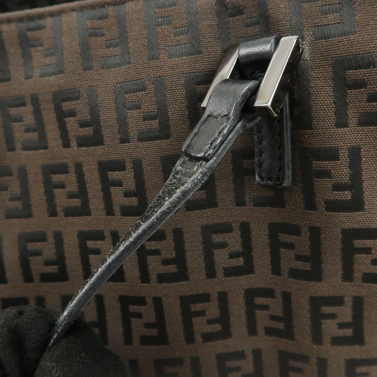 FENDI Zucchino Canvas Leather Tote Bag Hand Bag Dark Brown 8BH132