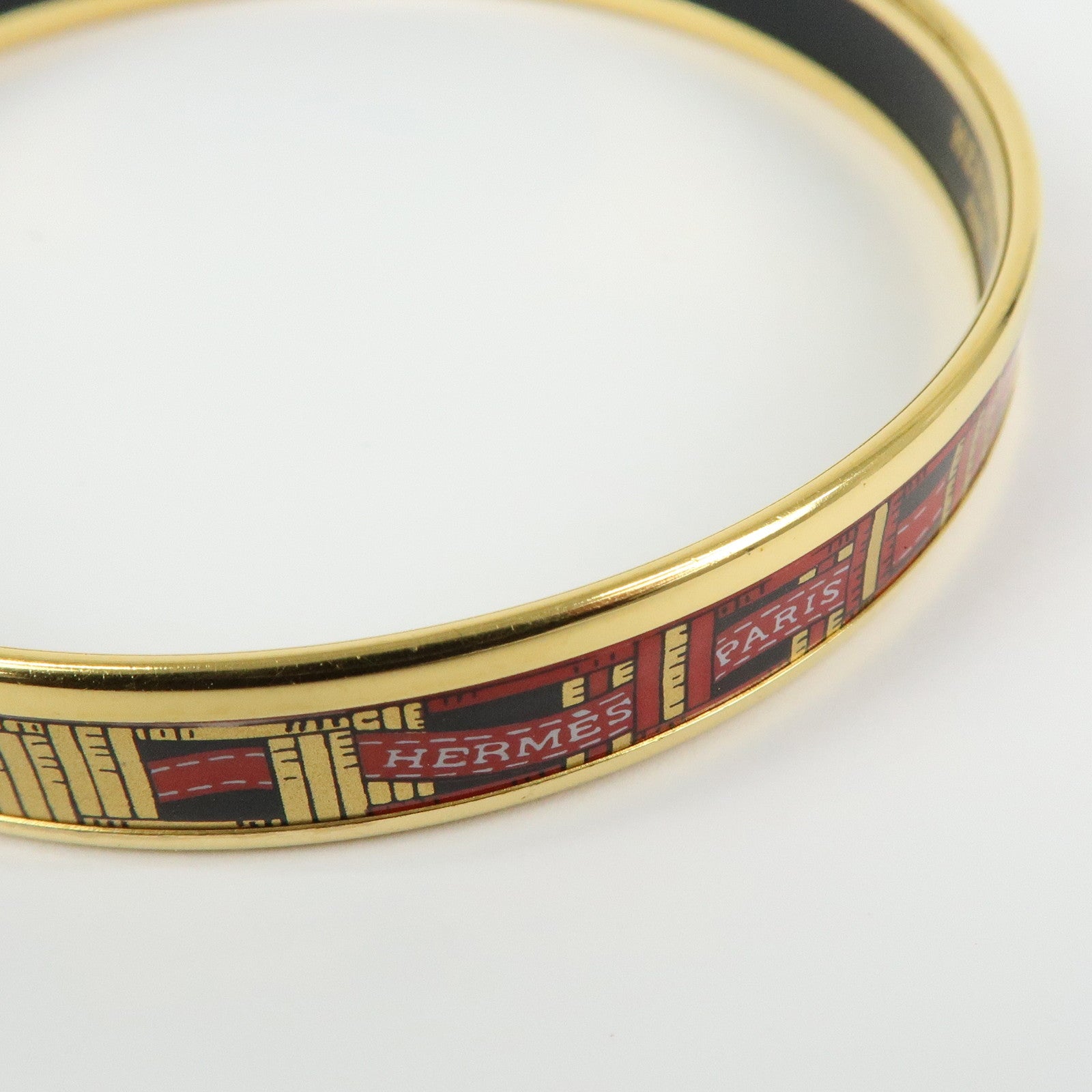 HERMES Email PM Bracelet Bangle Ribbon Motif Metal Gold Red Black