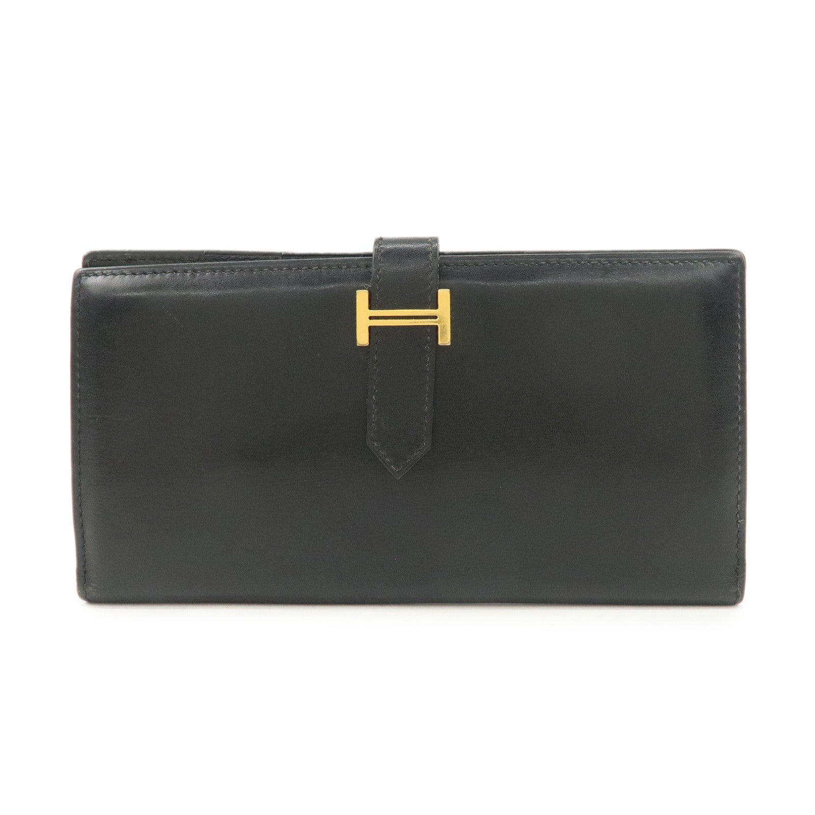 HERMES Bearn Leather Long Wallet H Stamped Black Gold HDW Used
