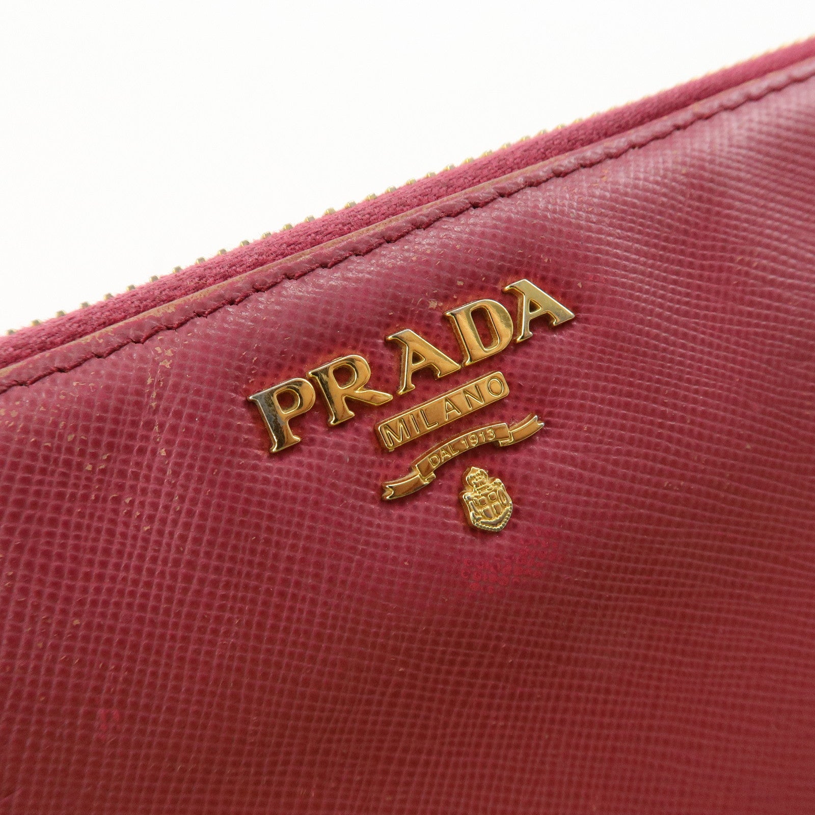 PRADA Logo Saffiano Leather Round Zippy Long Wallet Pink 1M0506 Used