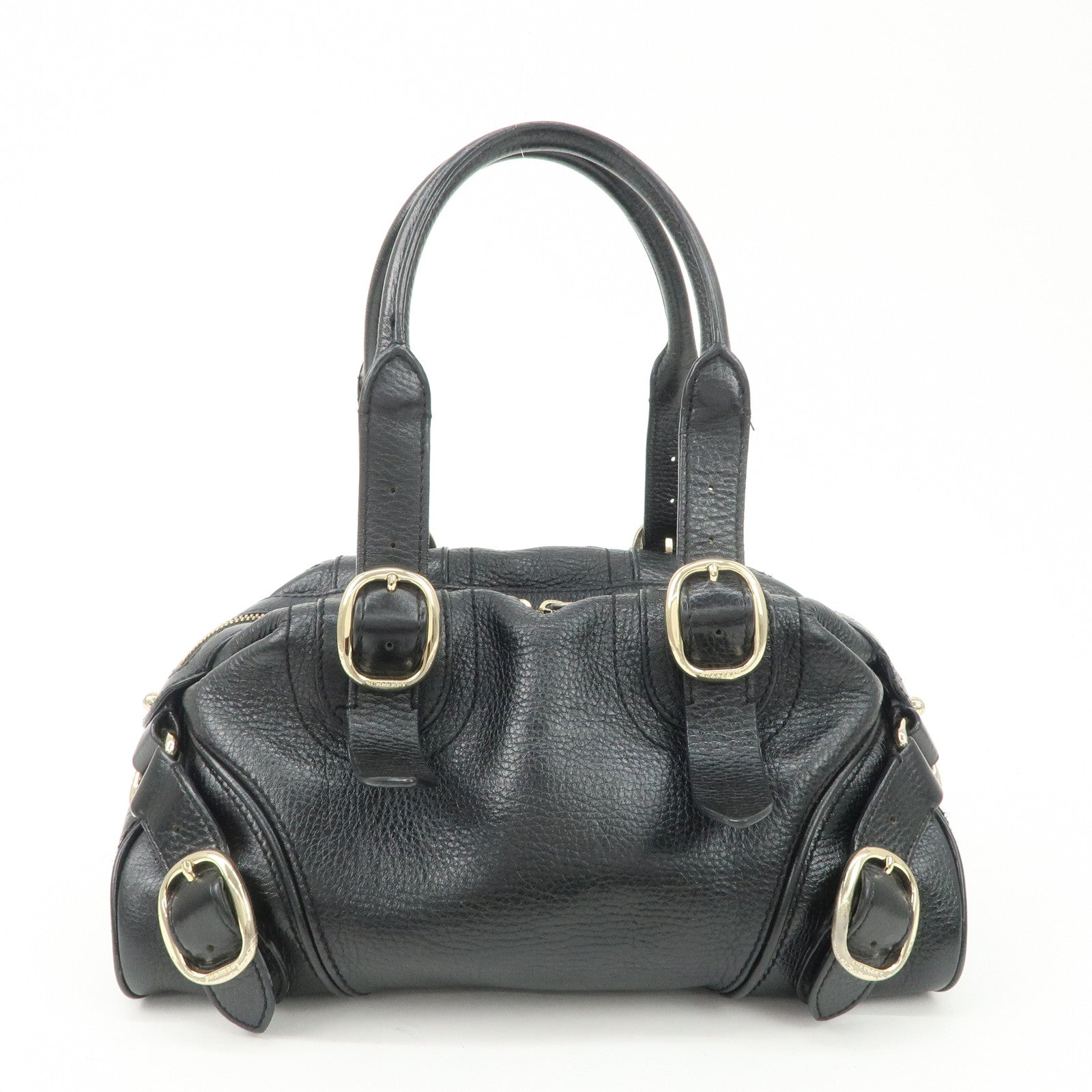 BURBERRY Leather Boston Bag Hand Bag Black Silver HDW