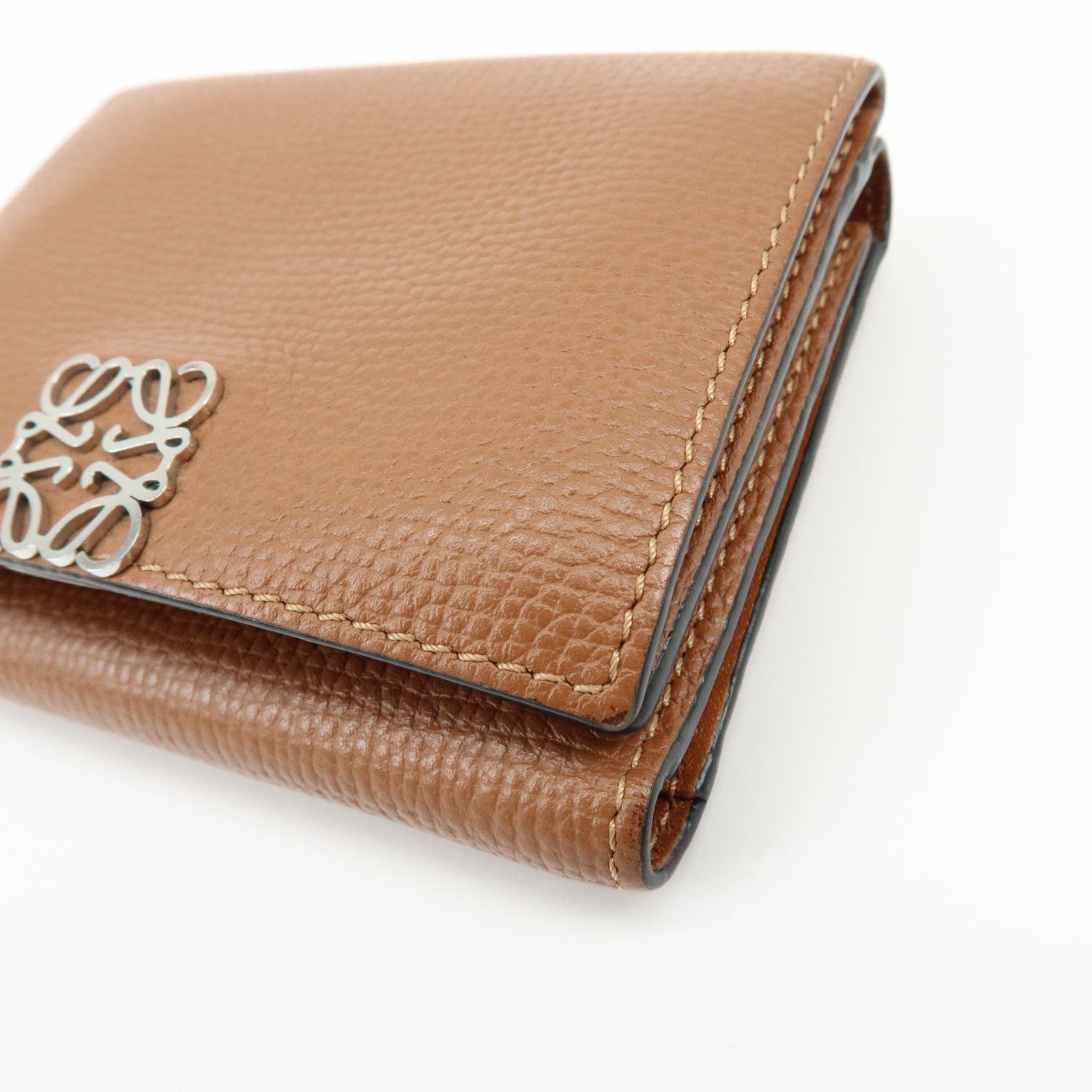 LOEWE Anagram Pebble Grained Calf Compact Tri-fold Wallet Camel