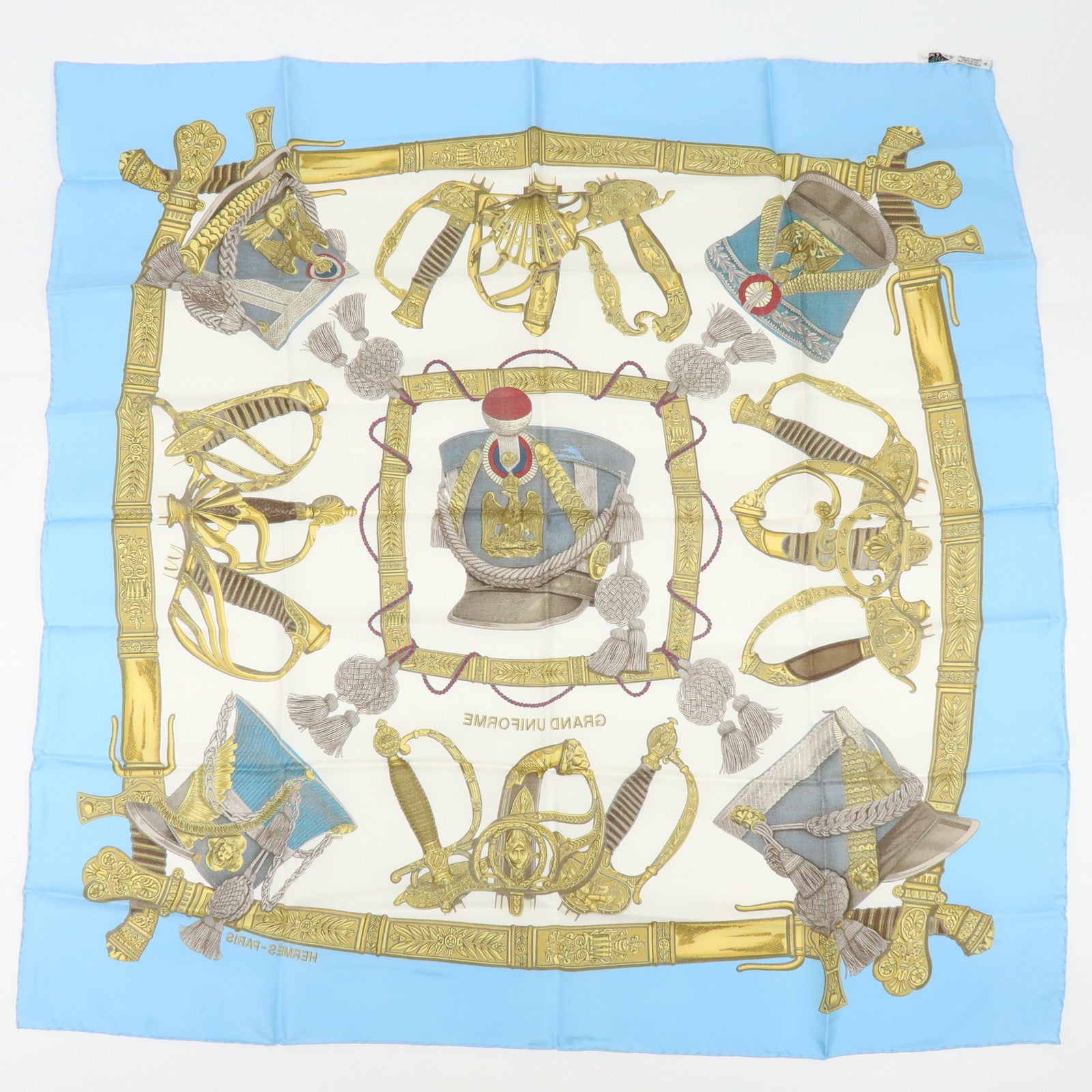 HERMES Carre 90 Silk 100% Scarf GRANDUNIFORM Light Blue Gold