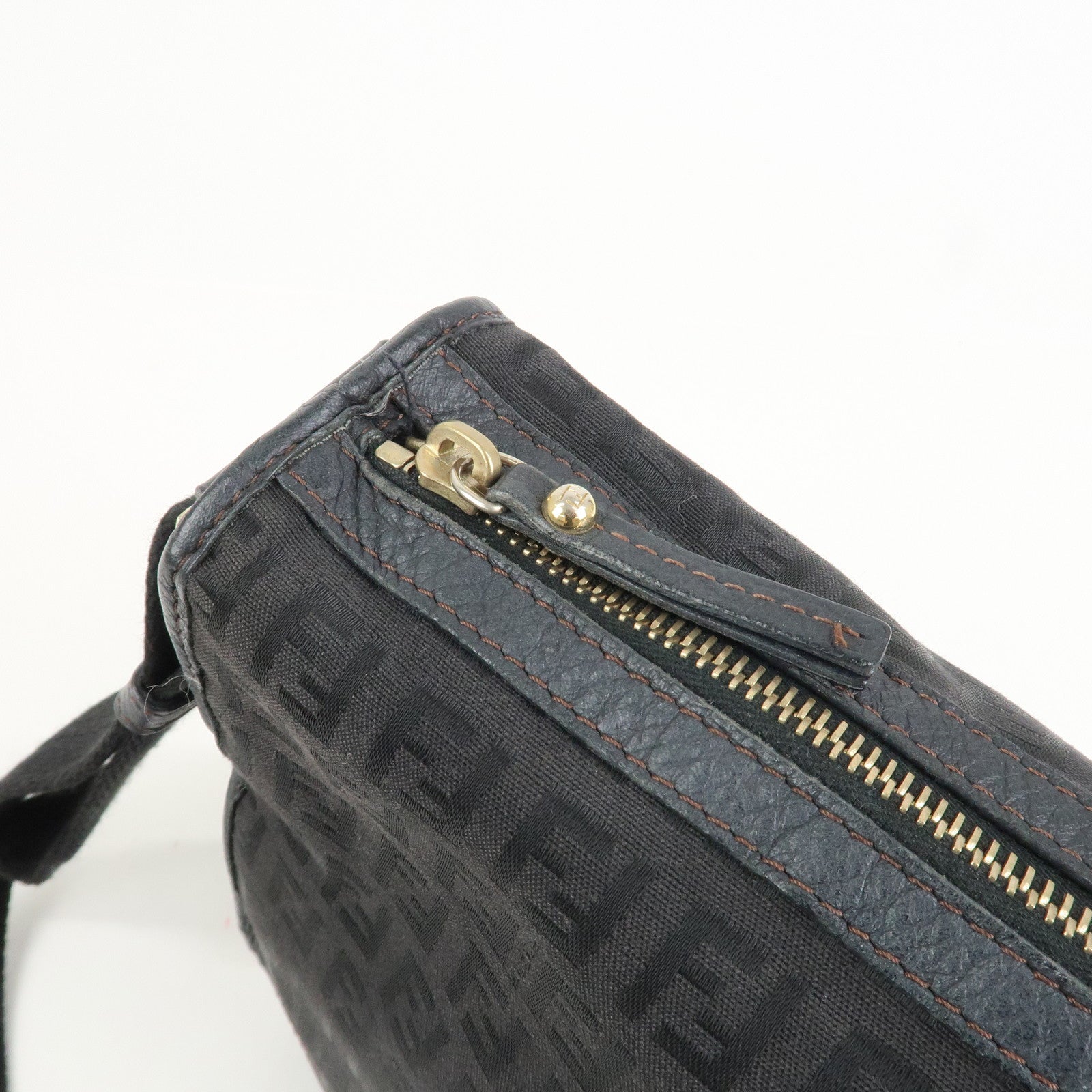 FENDI Zucchino Canvas Leather Shoulder Crossbody Bag Black 8BT090