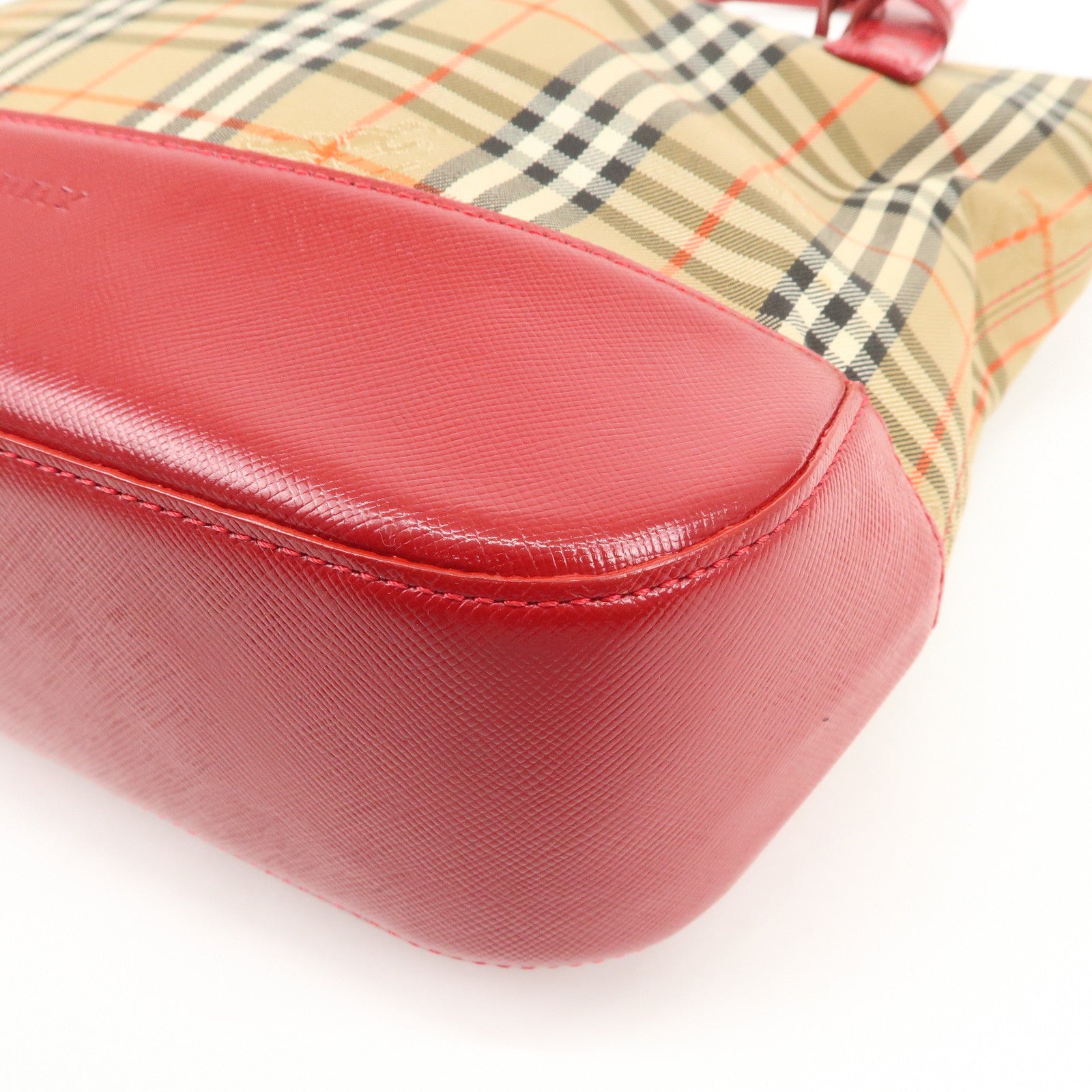 BURBERRY Leather Canvas Tote Bag Hand Bag Nova Plaid Red Beige Used