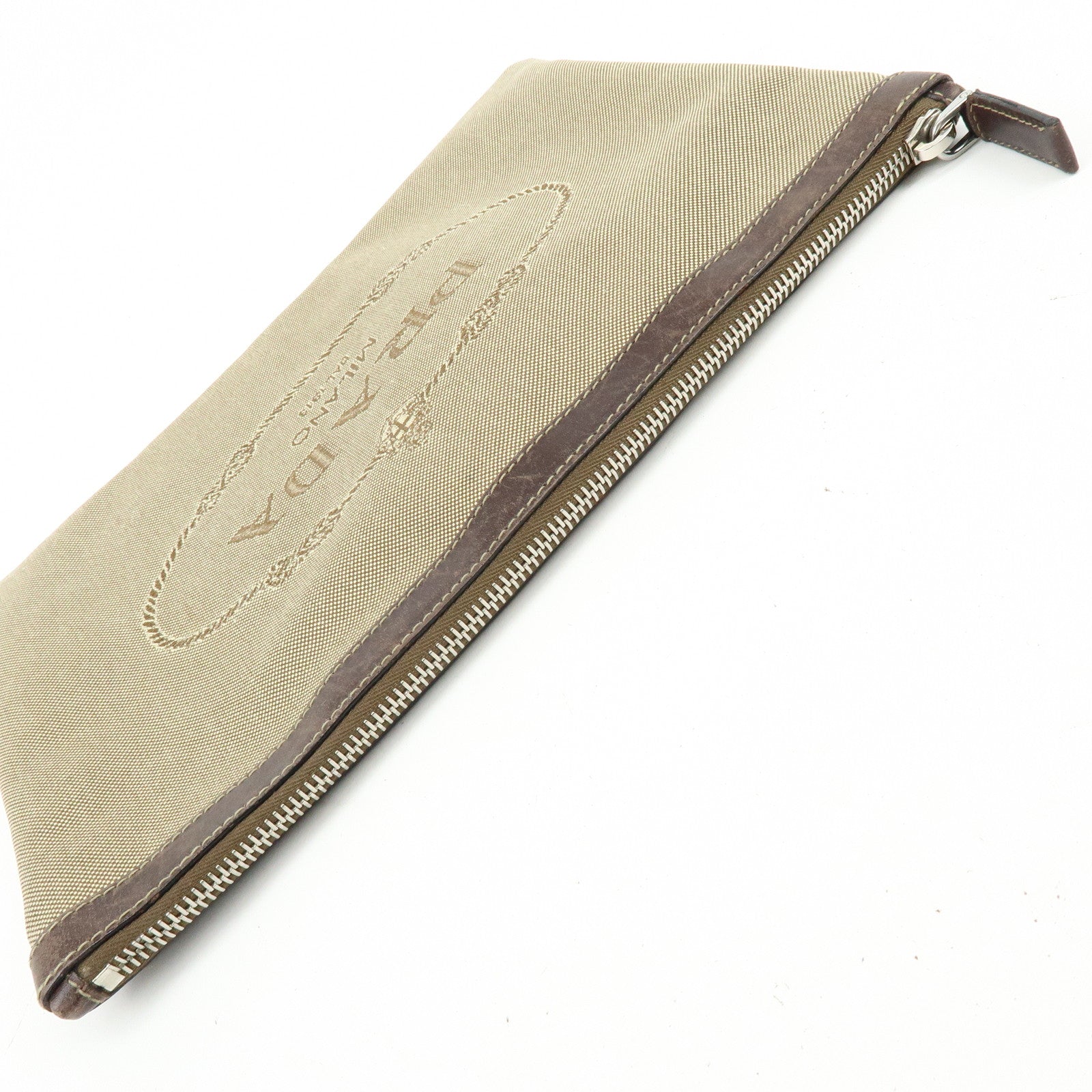 PRADA Logo Jacquard Canvas Leather Clutch Bag Pouch Khaki