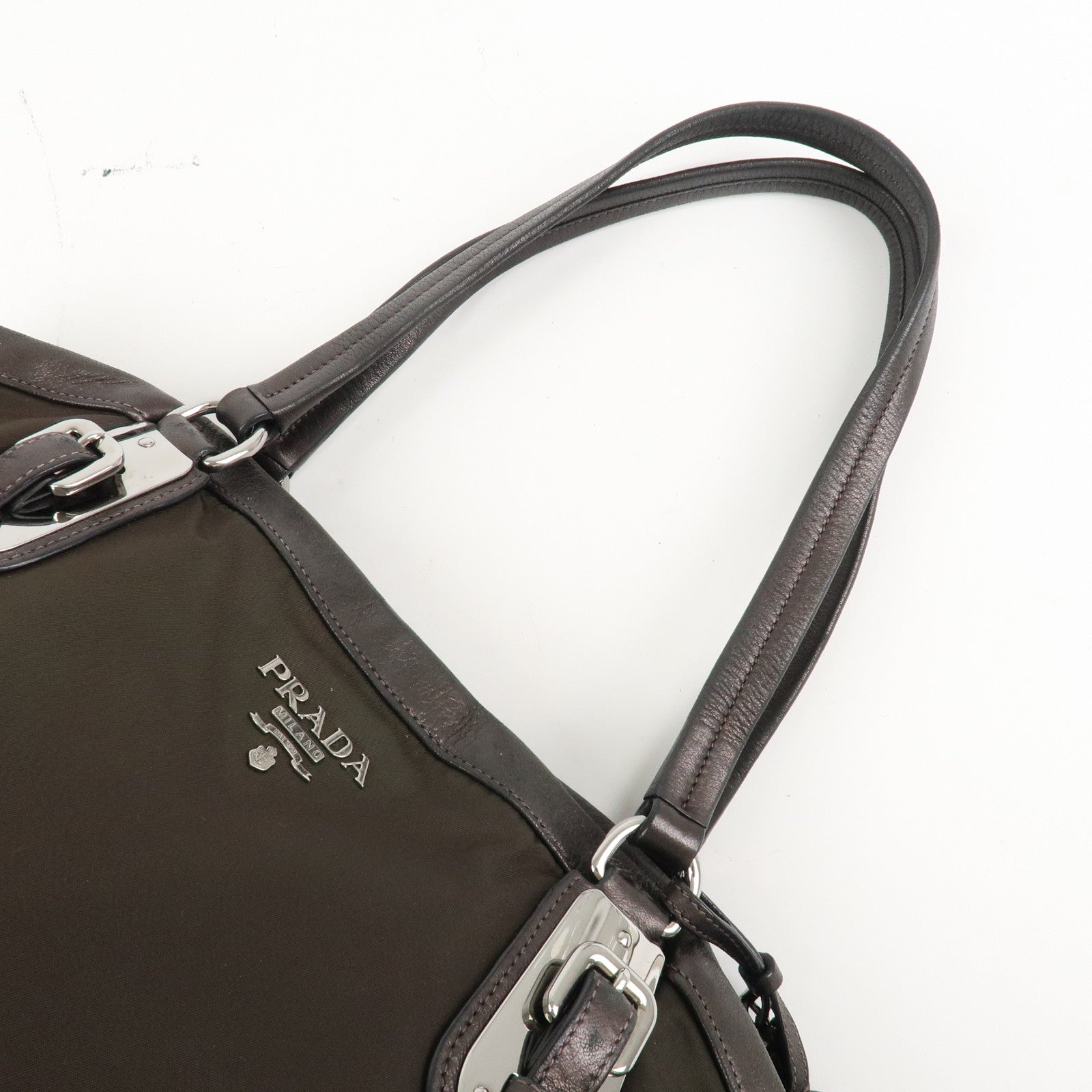 PRADA Logo Nylon Leather Tote Bag Shoulder Bag Khaki Metallic Brown Used