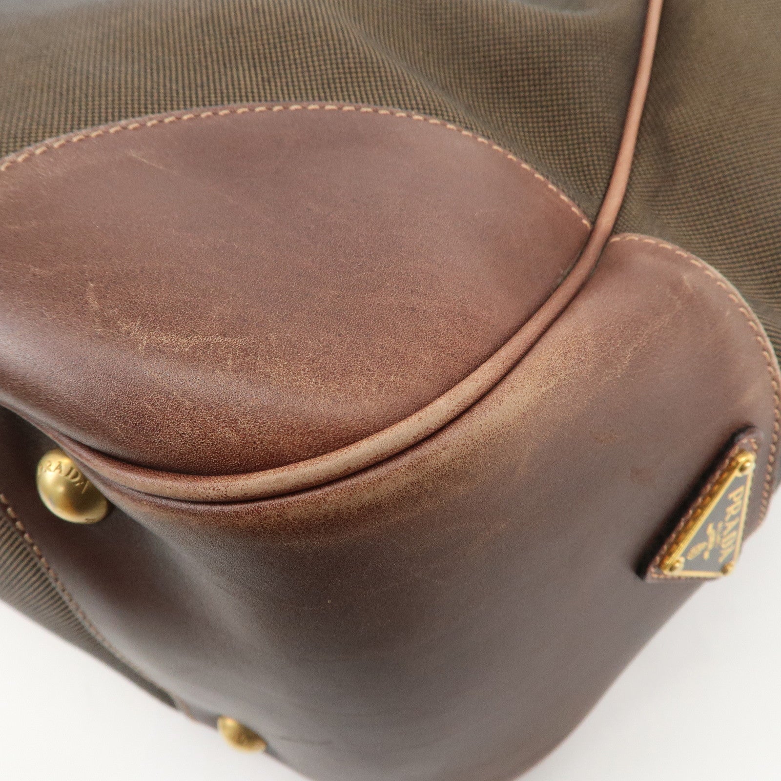 PRADA Triangle Logo Canvas Leather Shoulder Bag Hand Bag Brown
