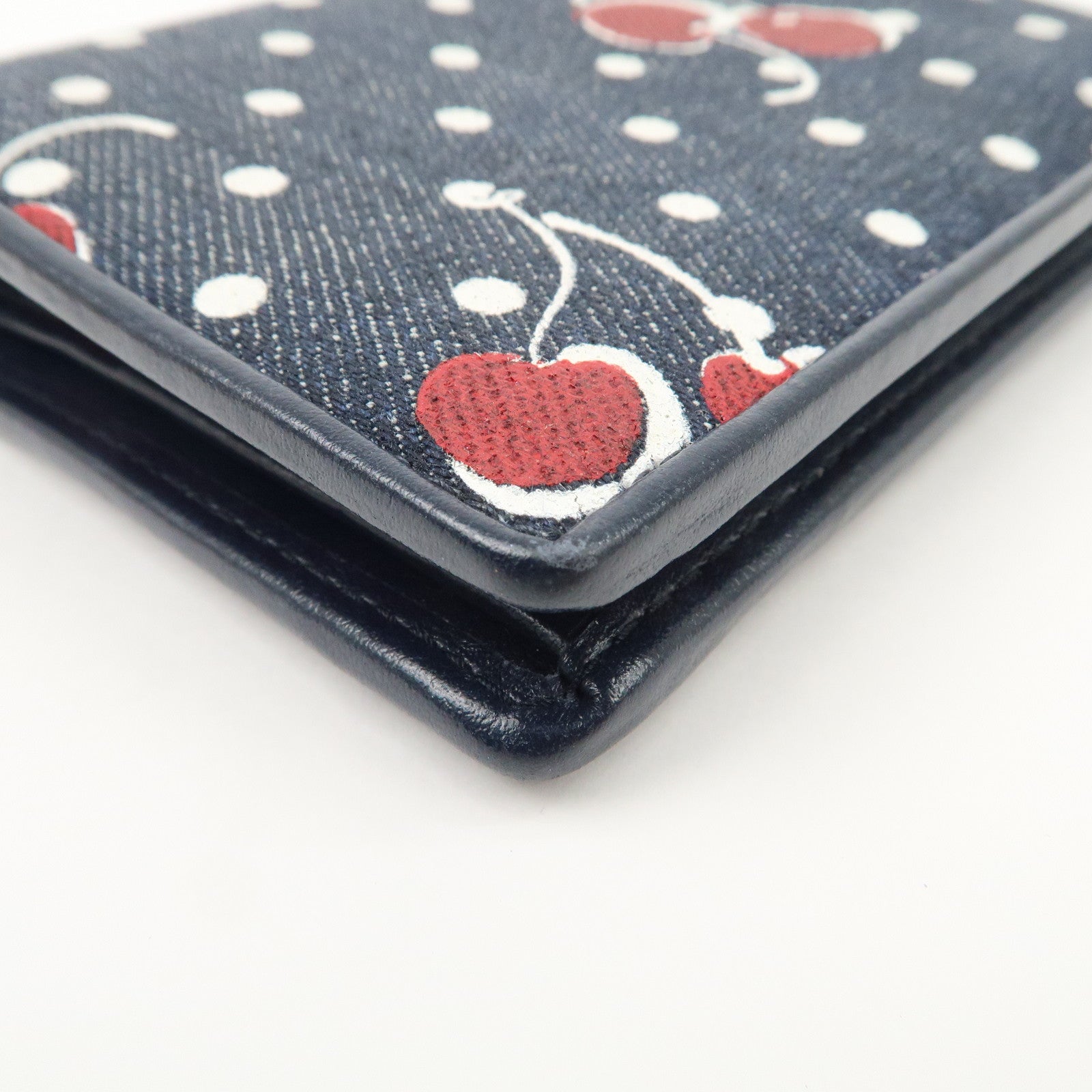 MIU MIU Cherry Denim Leather Bifold Compact Wallet Navy Red Used