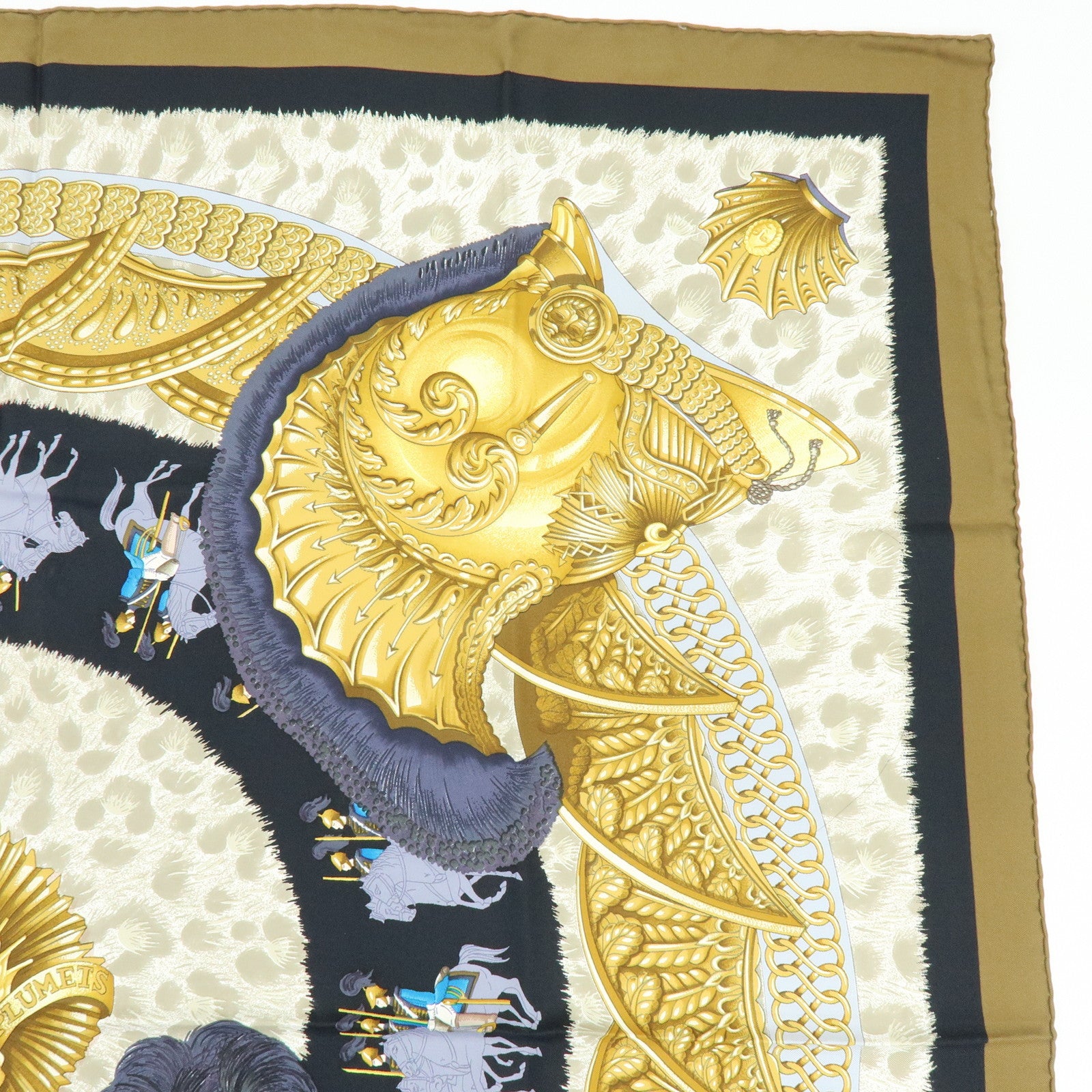 HERMES Carre 90 Silk 100% Scarf CASQUES et PLUMETS Black Brown