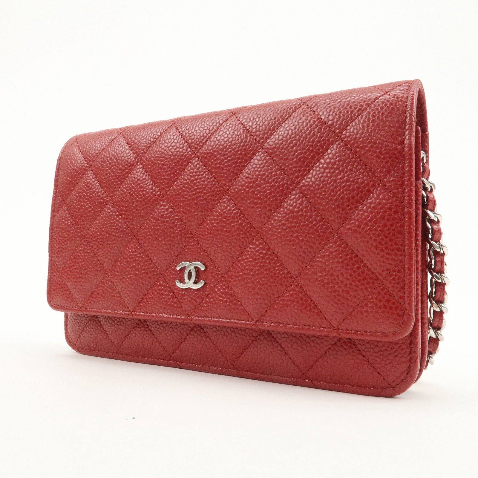 CHANEL Matelasse COCO Mark Caviarskin Chain Wallet Red A33814