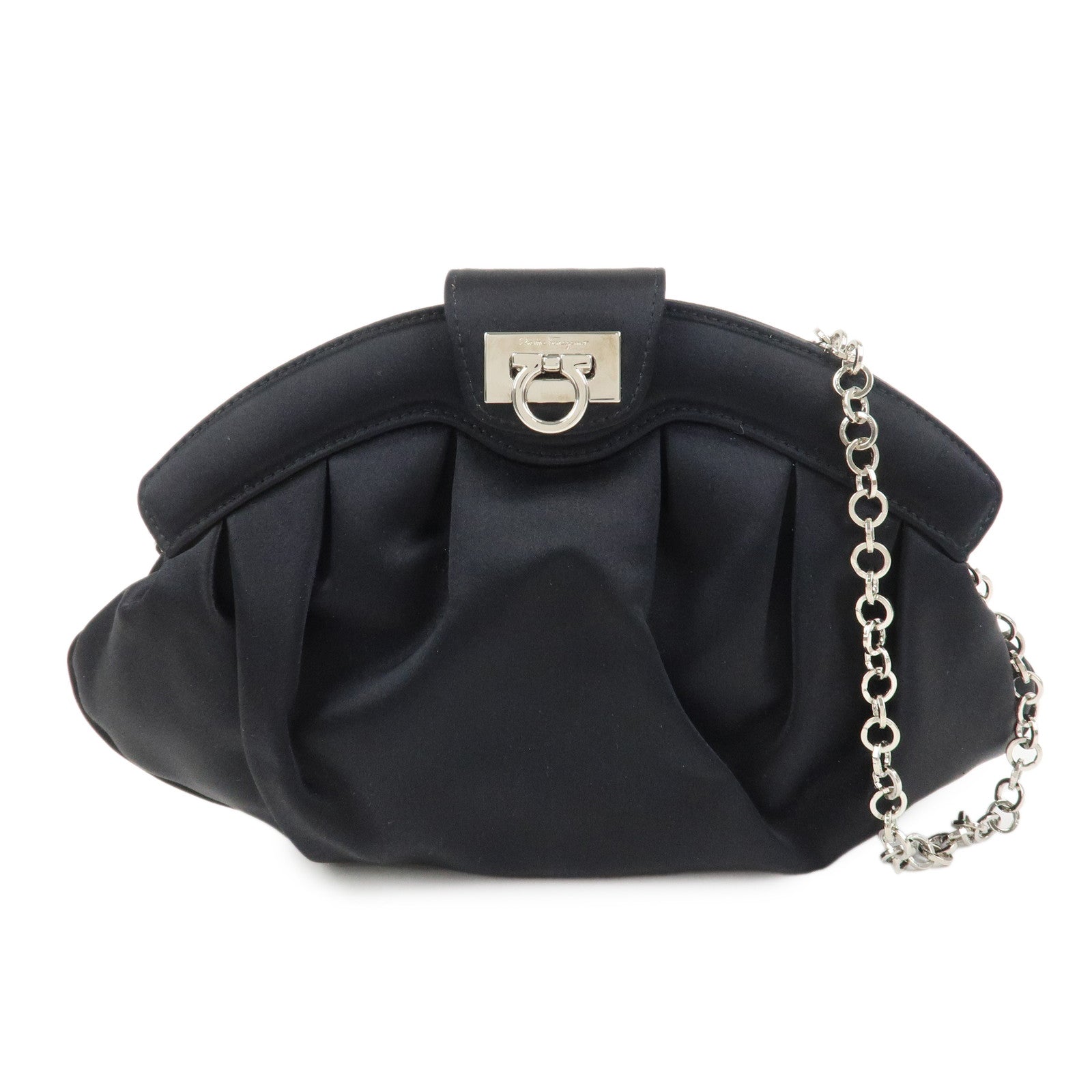 Ferragamo Gancini Satin Shoulder Bag Crossbody Bag Black Q 21 6436