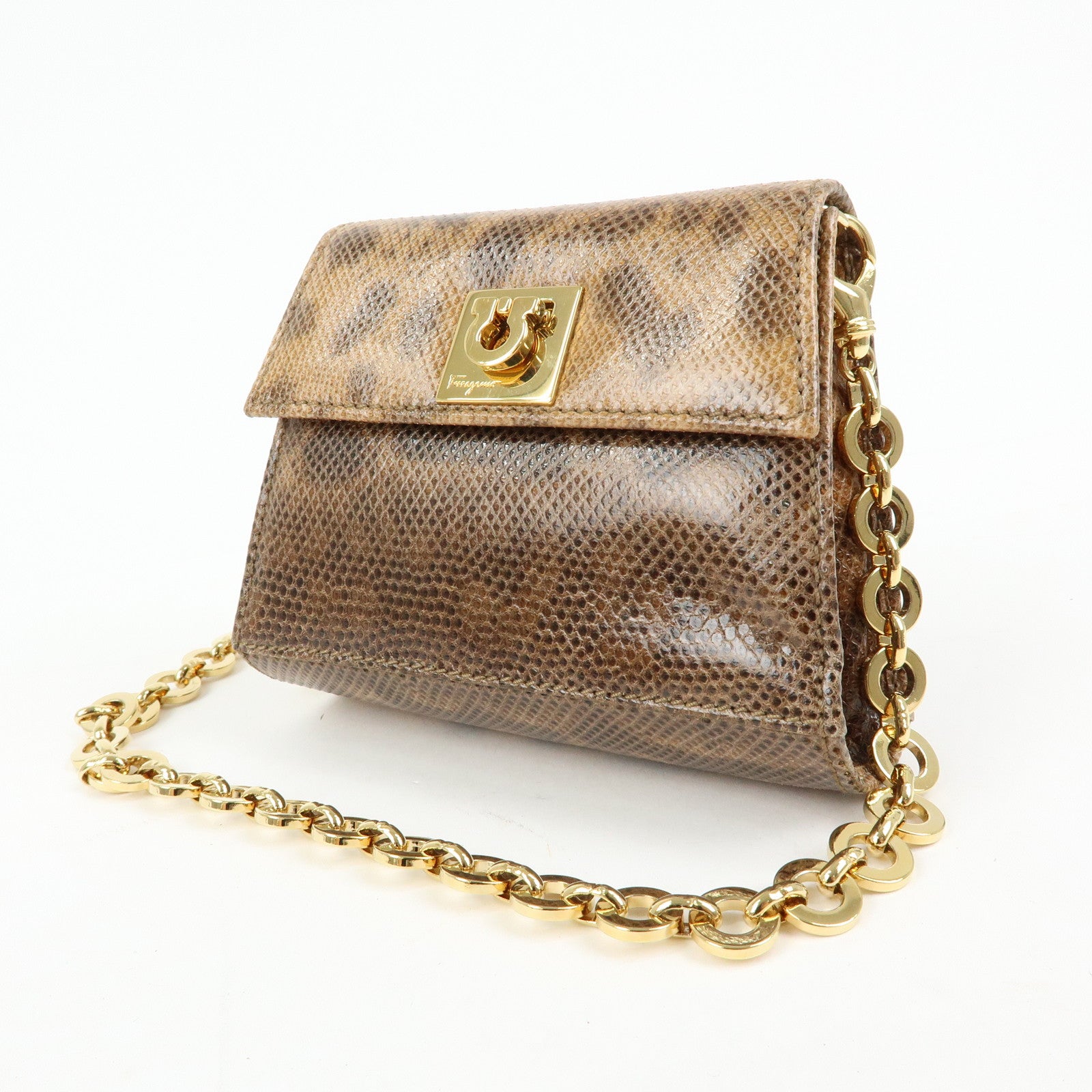 Ferragamo Gancini Embossed Leather 2Way Mini Shoulder Bag Brown