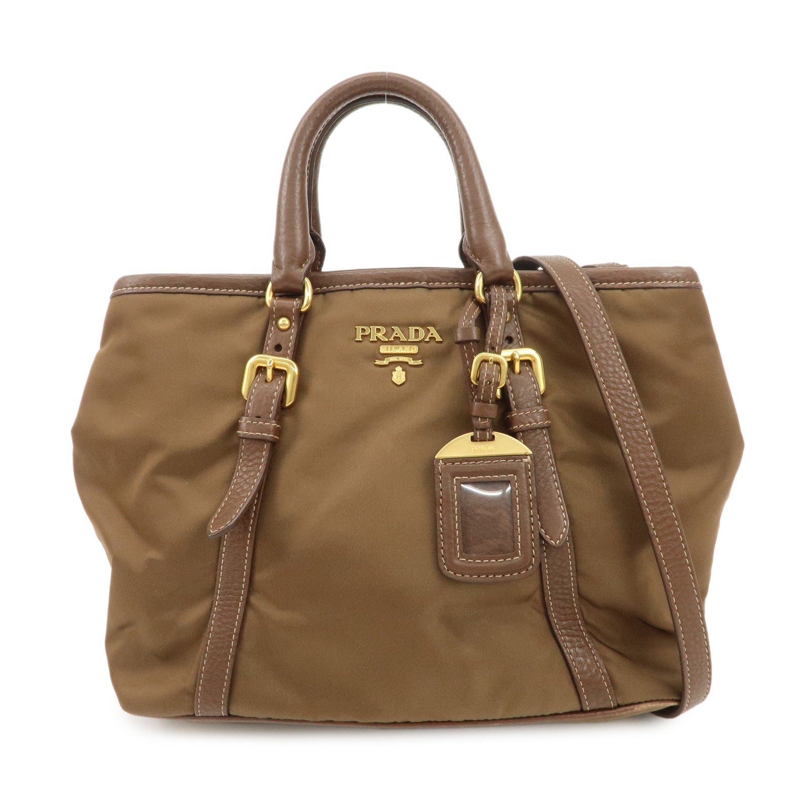 PRADA Logo Nylon Leather 2Way Tote Bag Shoulder Bag Brown BN1841