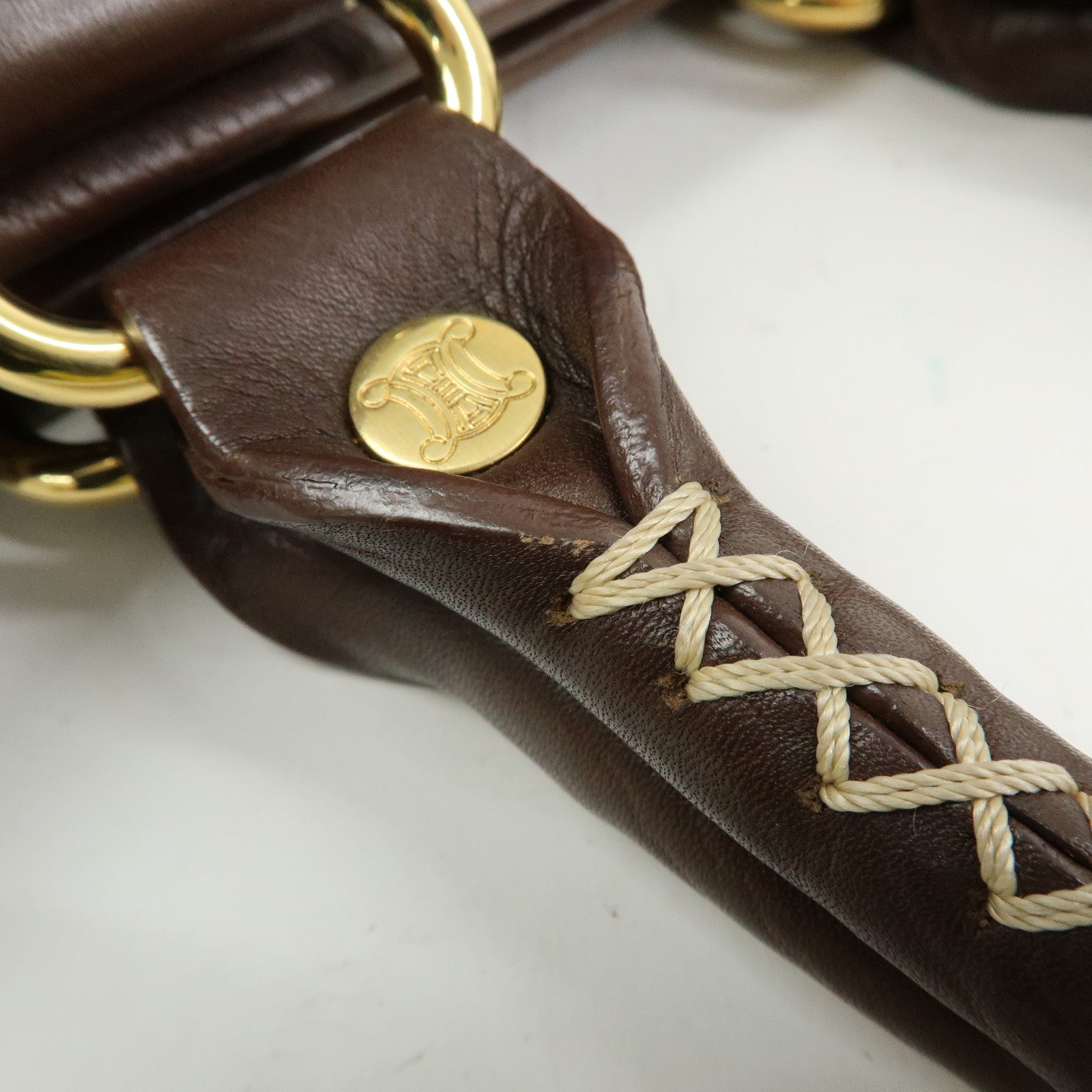 CELINE Logo Leather Hand Bag Mini Boston Bag Dark Brown