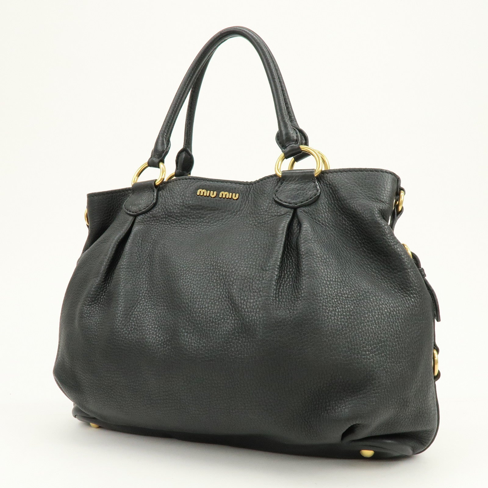 MIU MIU Logo Leather Tote Bag Shoulder Bag Black Gold
