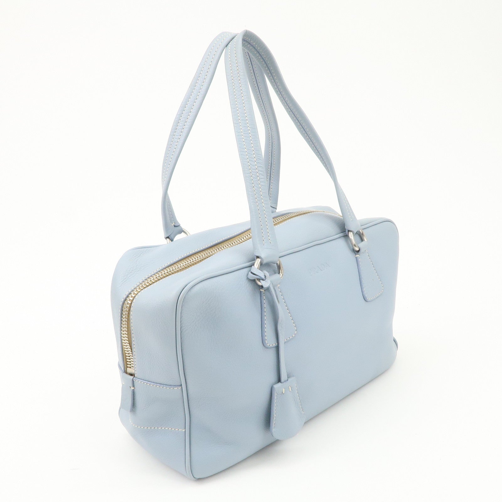 PRADA Leather Boston Bag Shoulder Bag Blue BR2246 Used