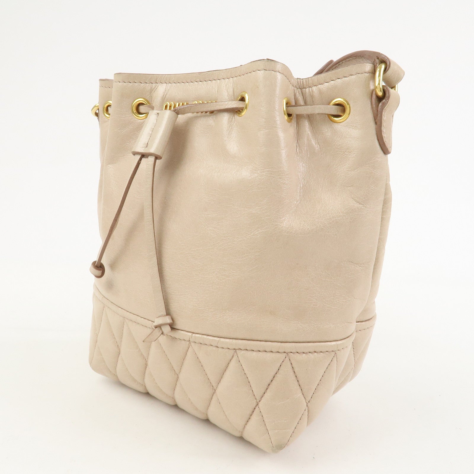 MIU MIU Logo Leather Drawstring Shoulder Bag Crossbody Bag Beige