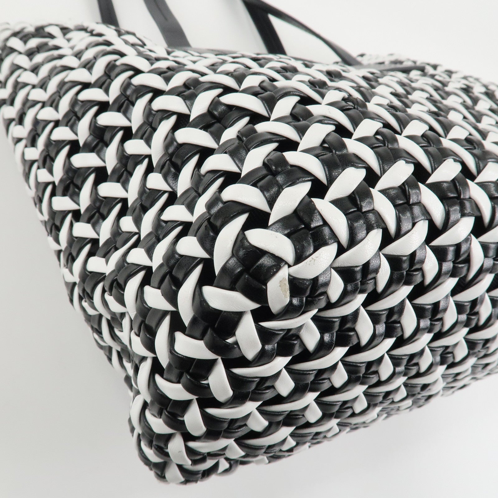 MIU MIU Leather Braid Tote Bag Shoulder Bag Black White 5BG193 Used