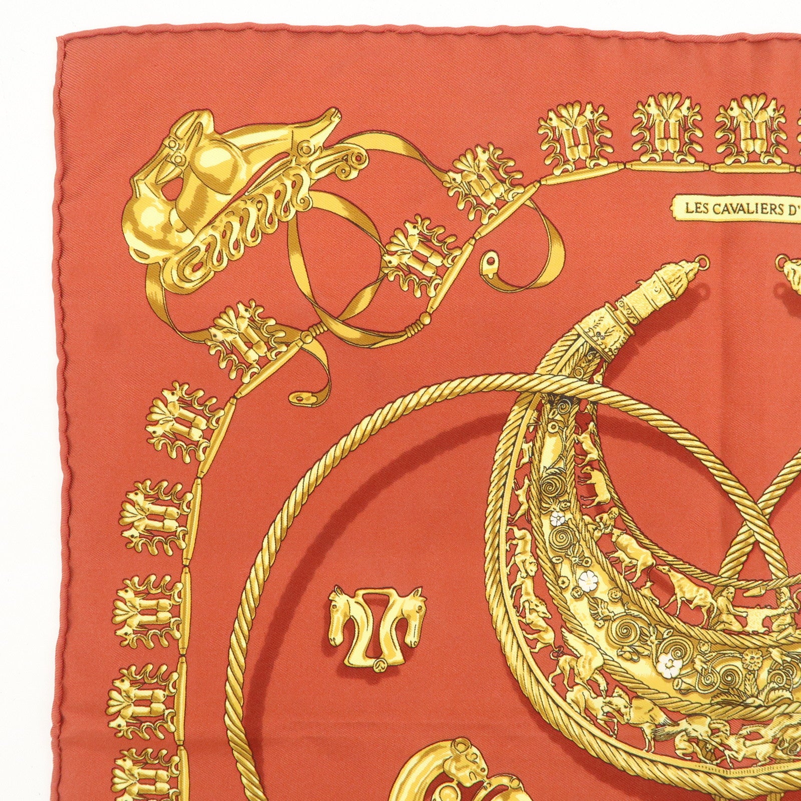 HERMES Carre 45 Silk 100% Scarf LES CAVALIERS D'OR Knight Motif Red
