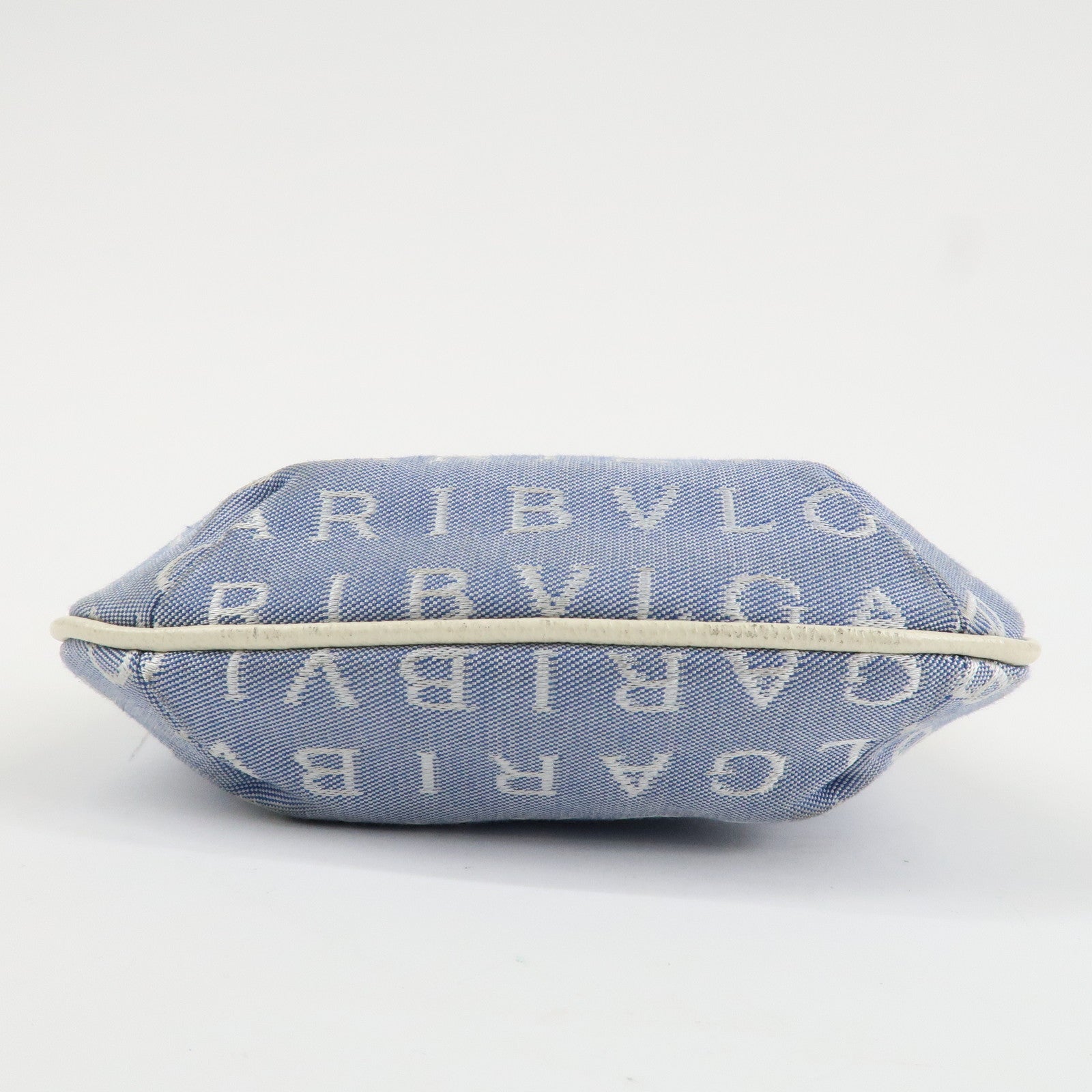 BVLGARI Logo Mania Leather Canvas Shoulder Bag Ivory Light Blue Used