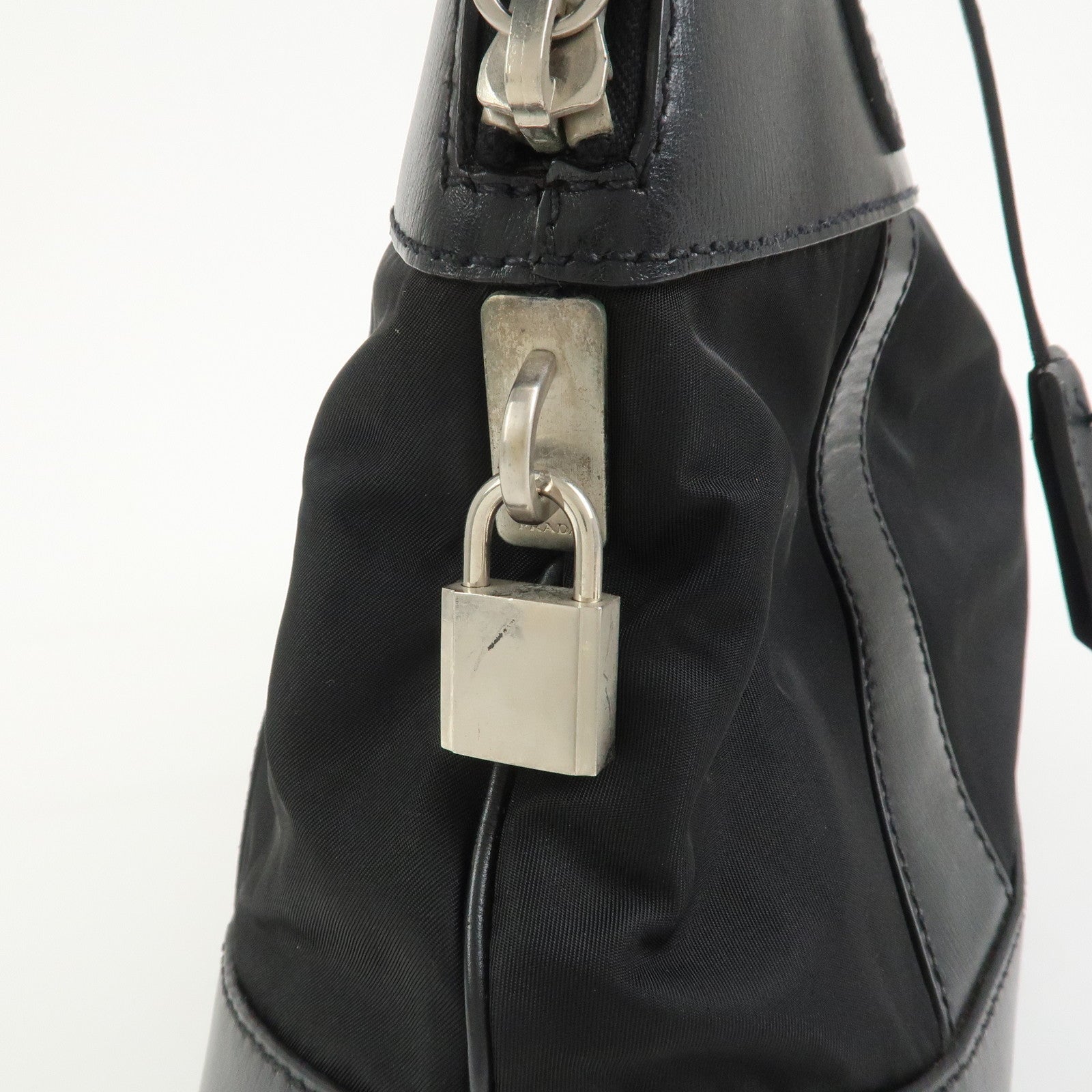 PRADA Triangle Logo Nylon Leather Shoulder Bag Hand Bag Black