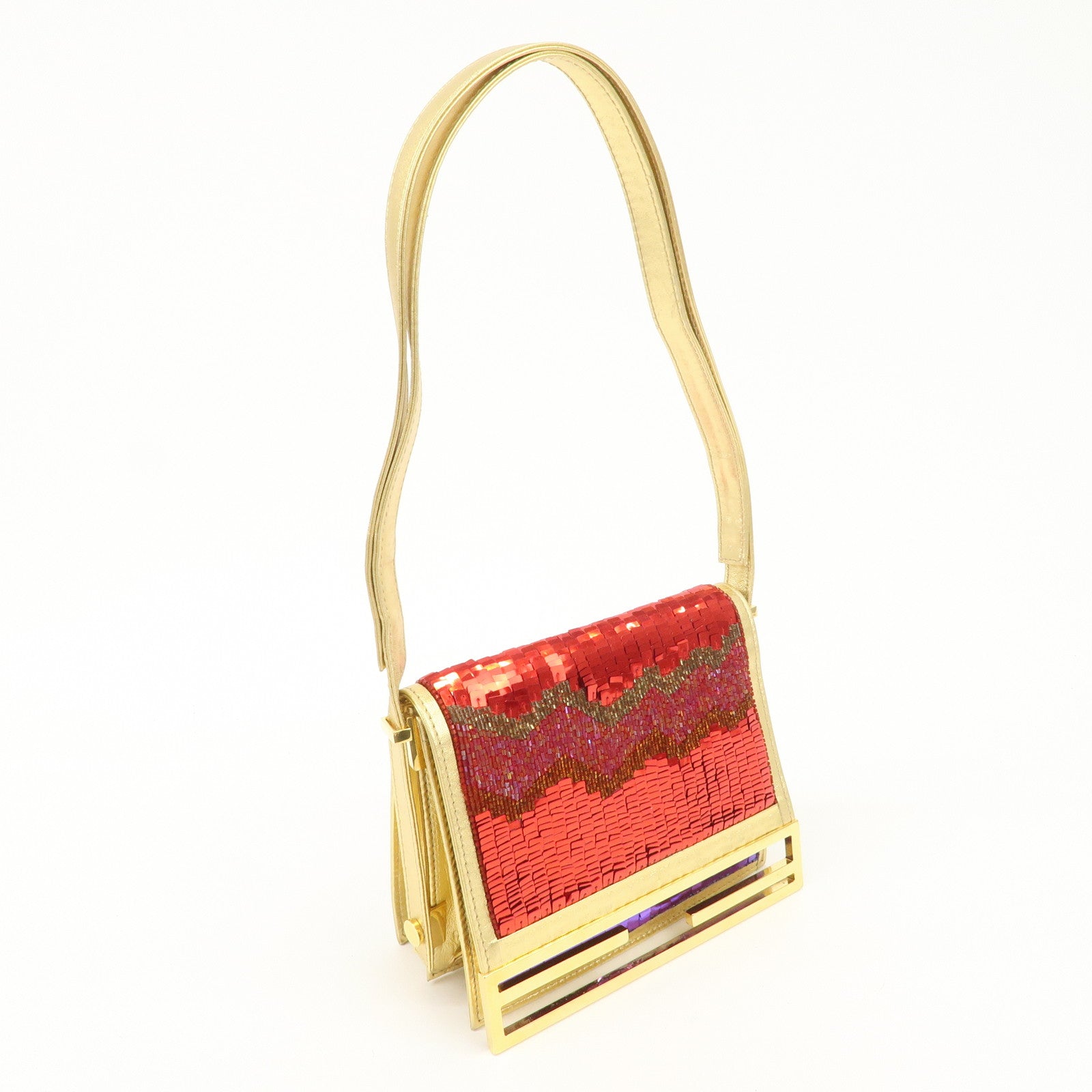FENDI Leather Sequin Shoulder Bag Crossbody Bag Gold Red Purple