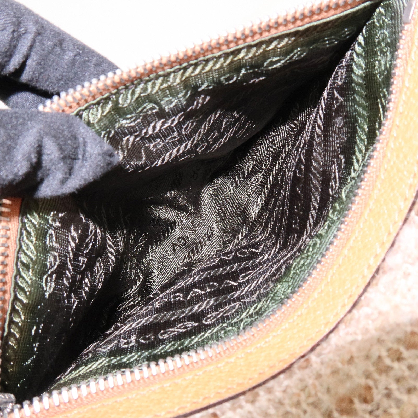 PRADA Triangle Logo Tweed Leather Hand Bag Light Brown Multicolor