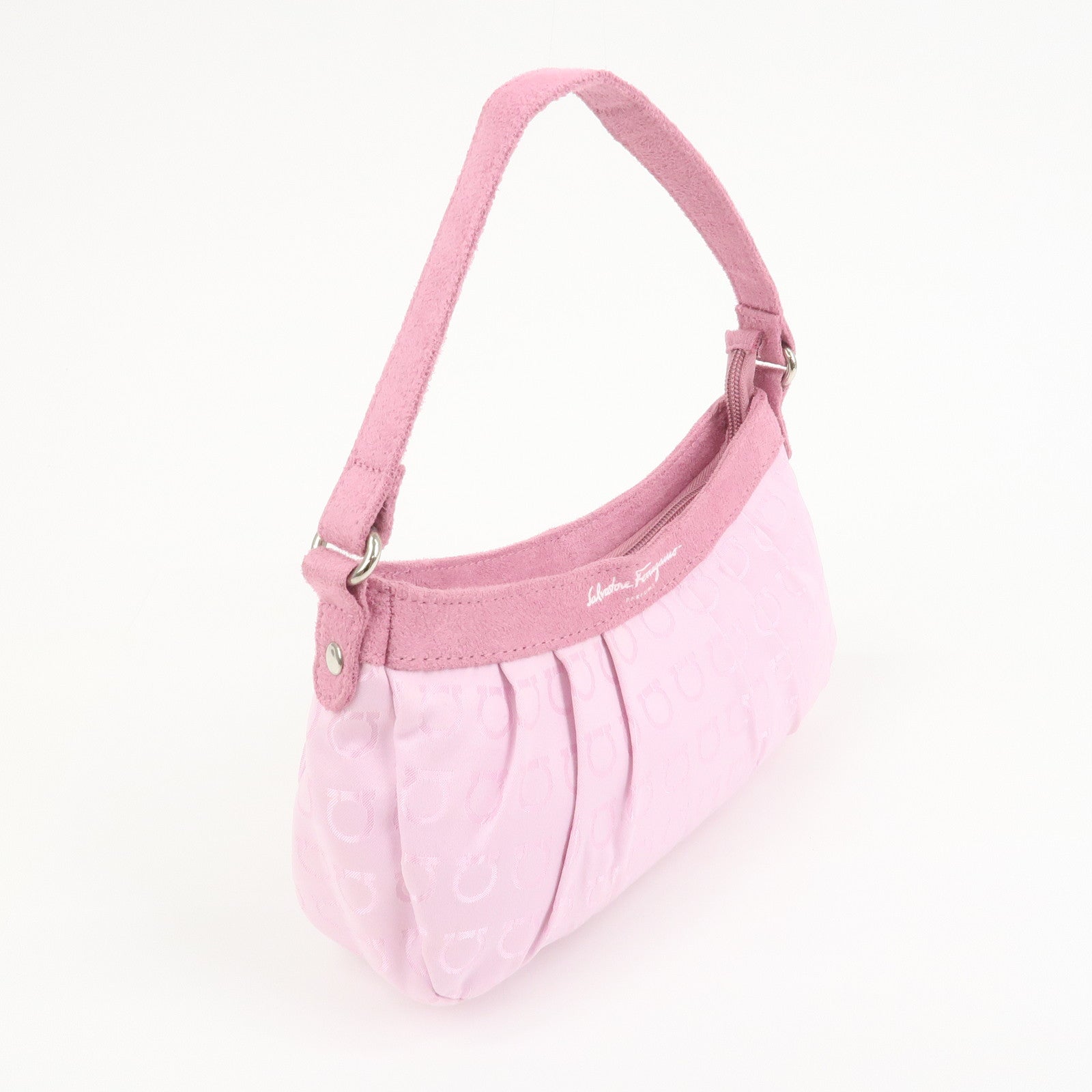 Ferragamo Gancini Nylon Suede Hand Bag Pouch Pink