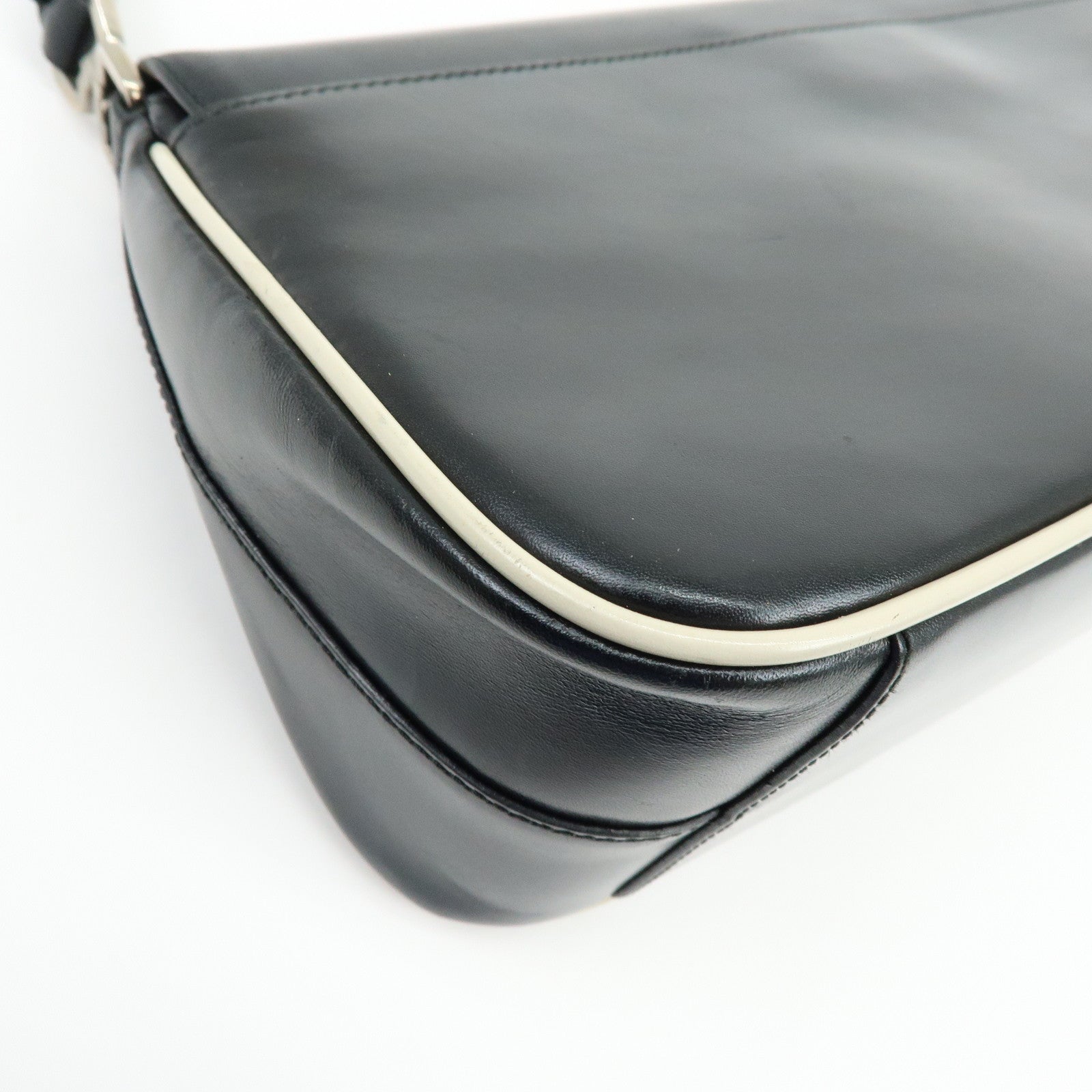 PRADA Logo Leather Shoulder Bag Hand Bag Black White