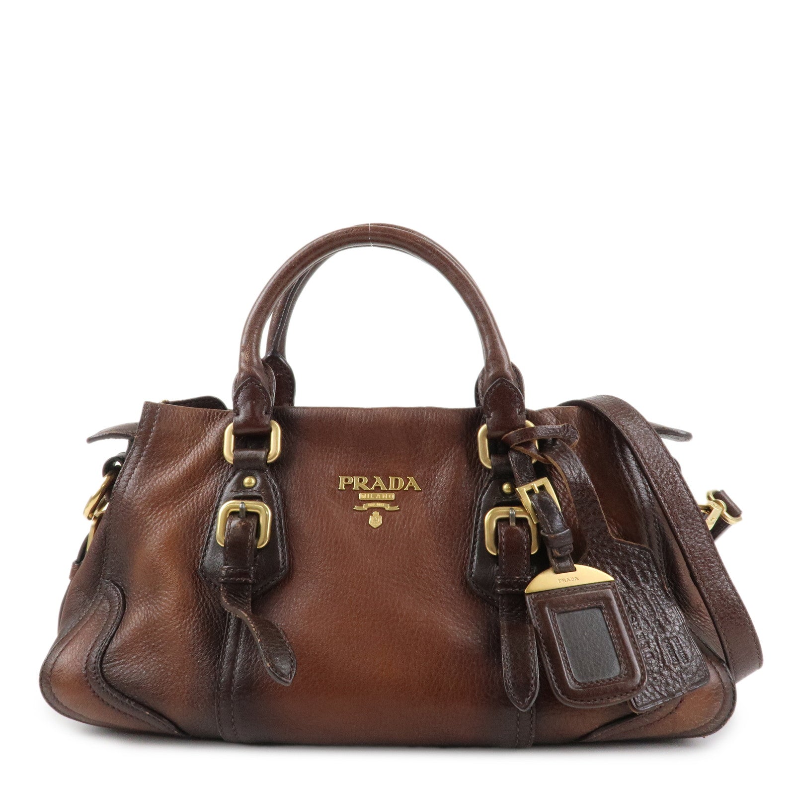 PRADA Logo Leather 2WAY Tote Bag Hand Bag Brown Gold Hardware Used