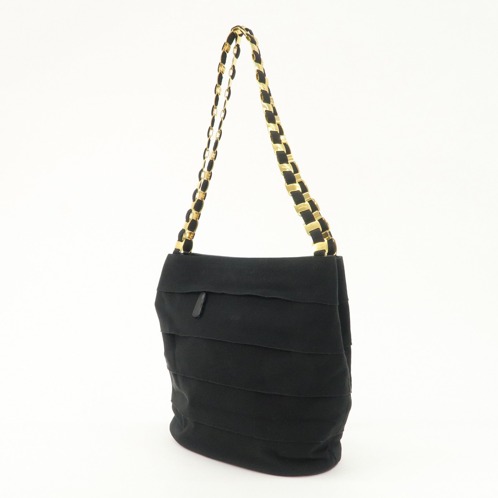 Ferragamo Leather Canvas Chain Tote Bag Hand Bag Black Gold Hardware Used