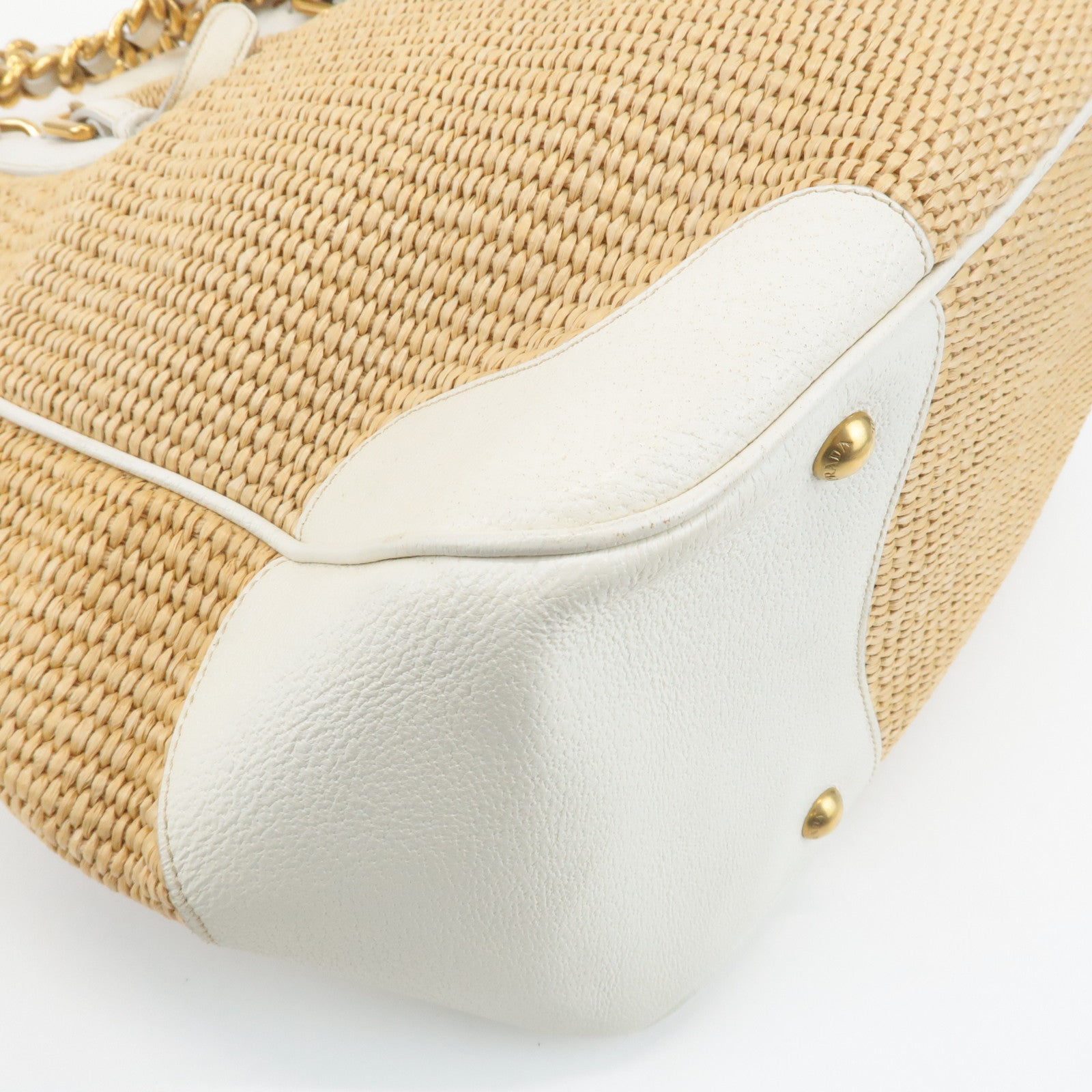 PRADA Triangle Leather Raffia Shoulder Bag Straw Bag Beige BR3693 Used