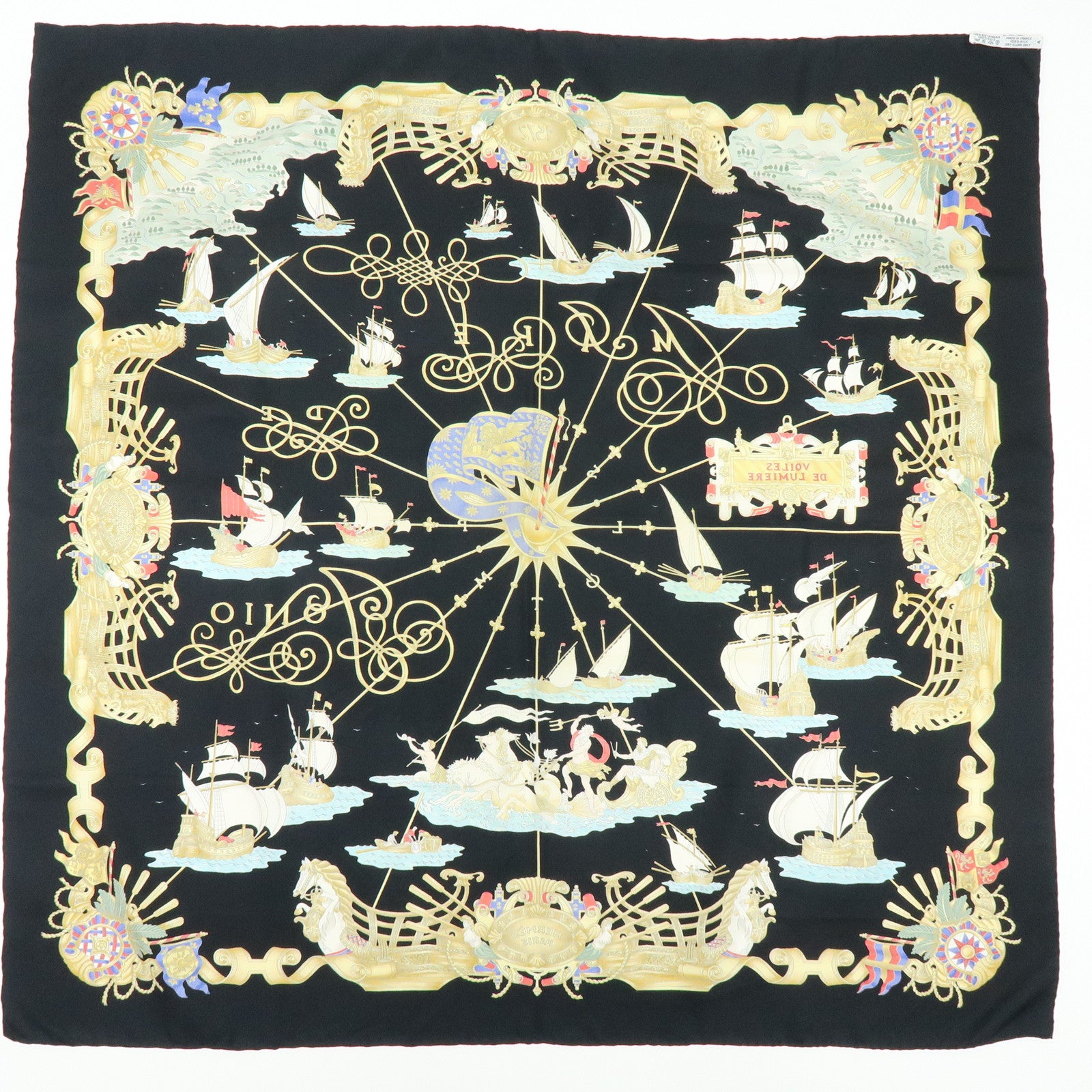 HERMES Carre 90 Set of 2 Silk 100% Scarf Black Gold Brown