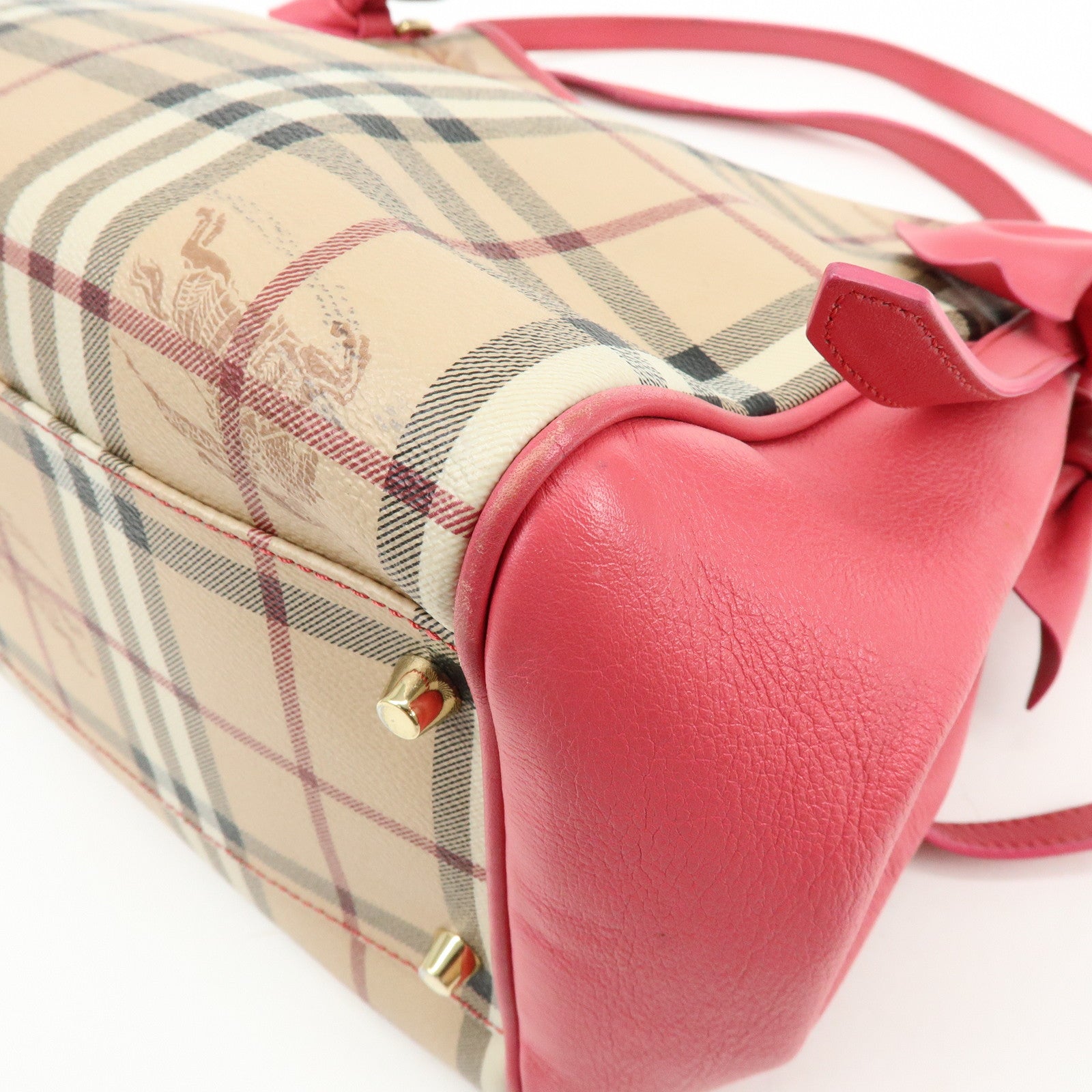 BURBERRY Side Ribbon PVC Leather Hand Bag Nova Plaid Brown Pink