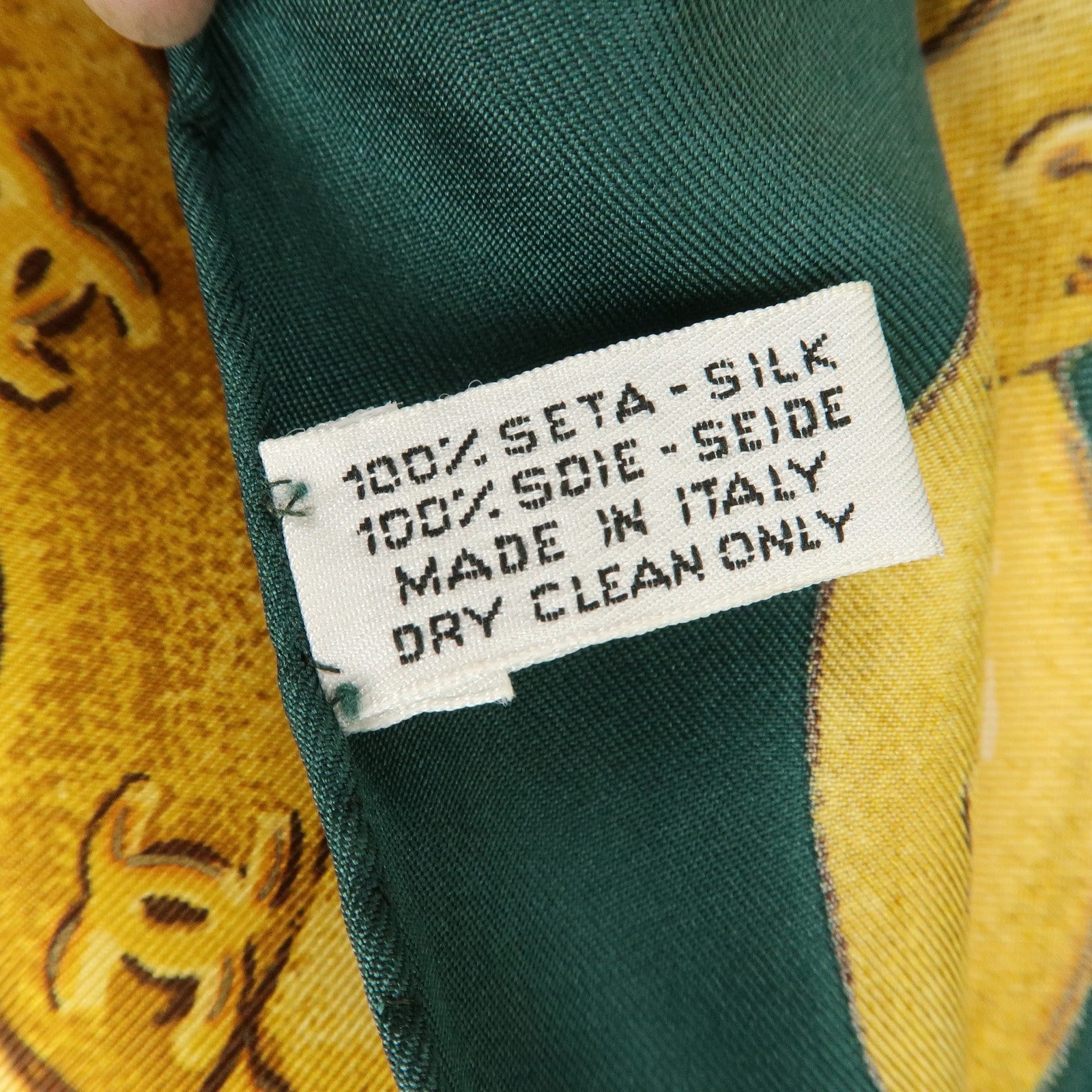 CHANEL Logo Silk 100% Medallion & Chain Print Scarf Moss Green Gold