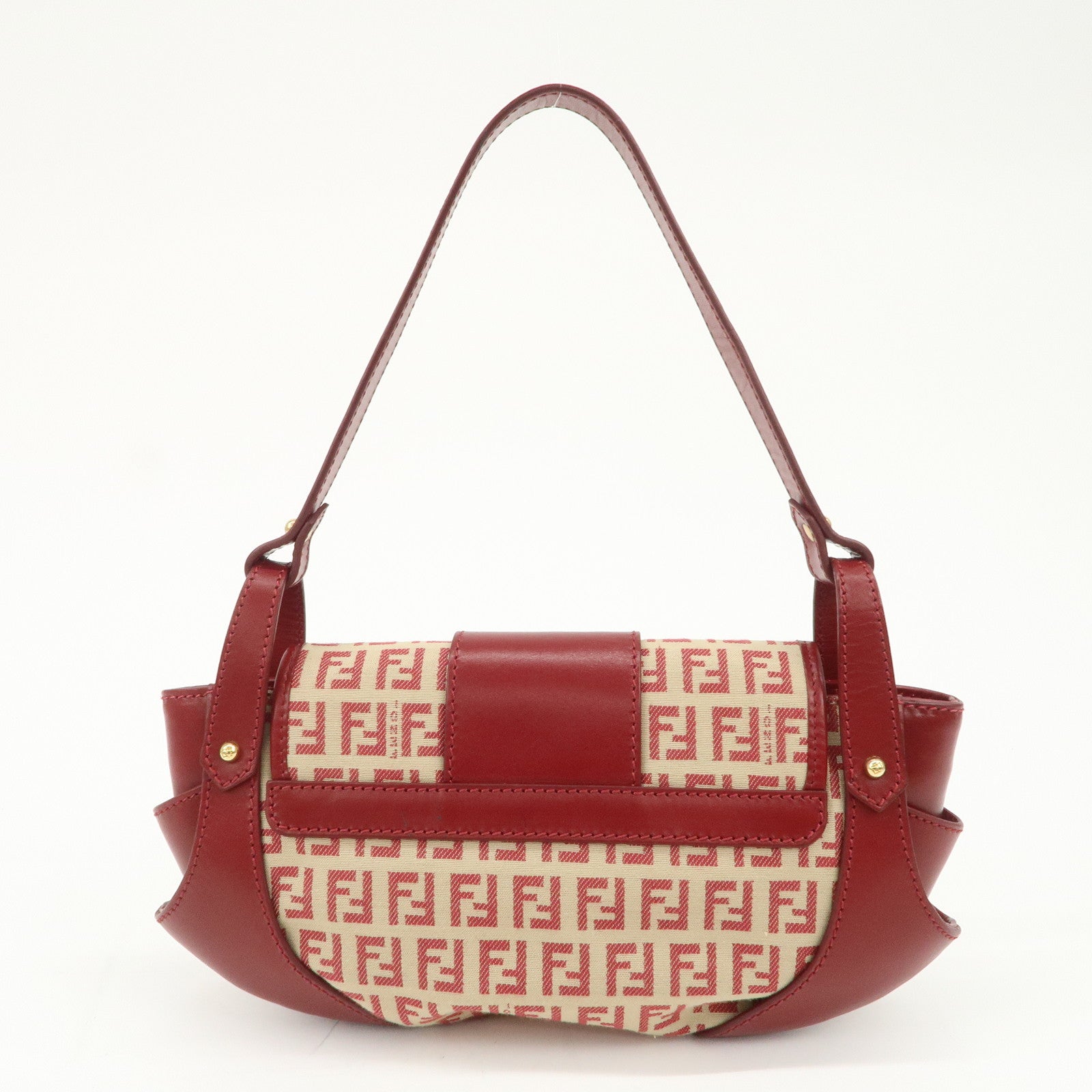 FENDI Zucchino Canvas Leather Turn Lock Shoulder Bag Red 8BR429