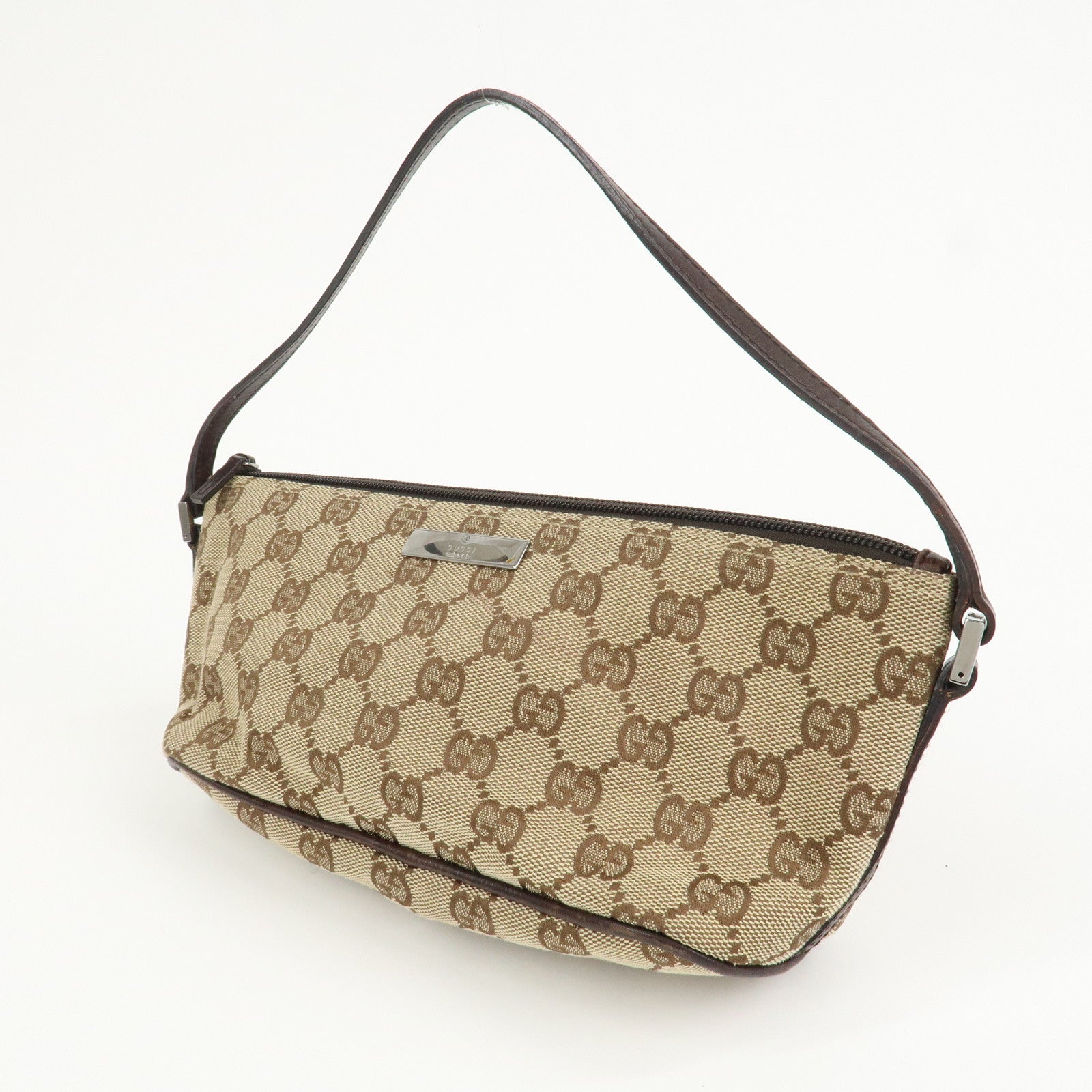 GUCCI Boat Bag GG Canvas Leather Hand Bag Pouch Beige Brown 07198