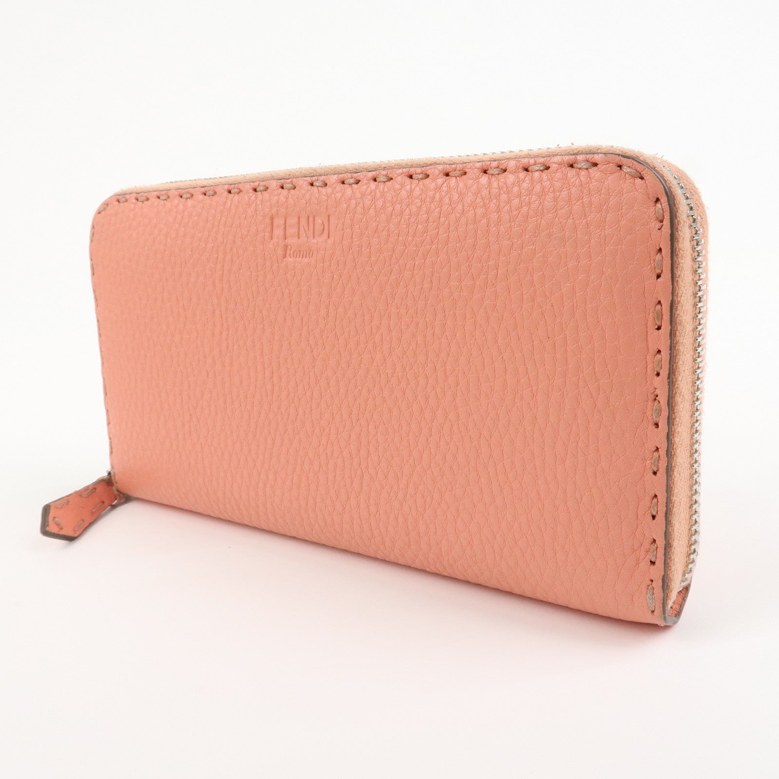 FENDI Leather Round Zippy Long Wallet Pink 8M0299