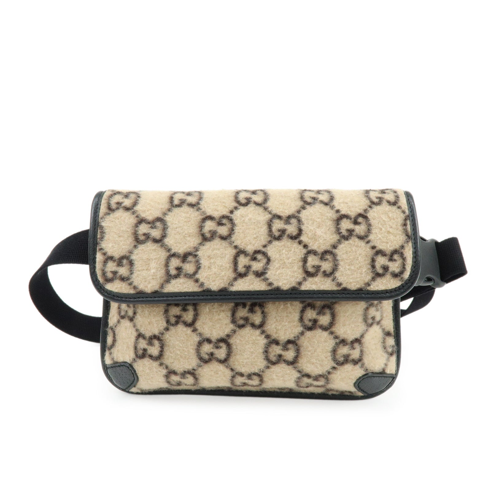 GUCCI GG Wool Leather Waist Pouch Body Bag Beige Black 598181