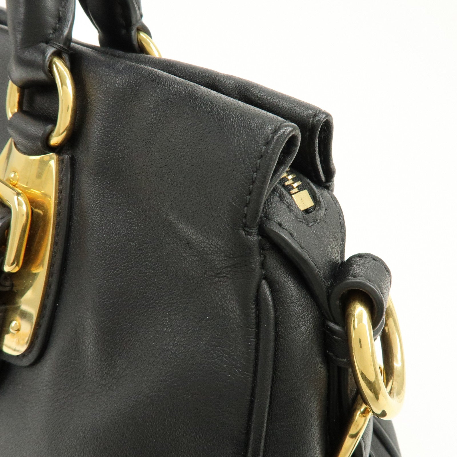 PRADA Logo Leather 2Way Bag Hand Bag Shoulder Bag Black Gold BN1903