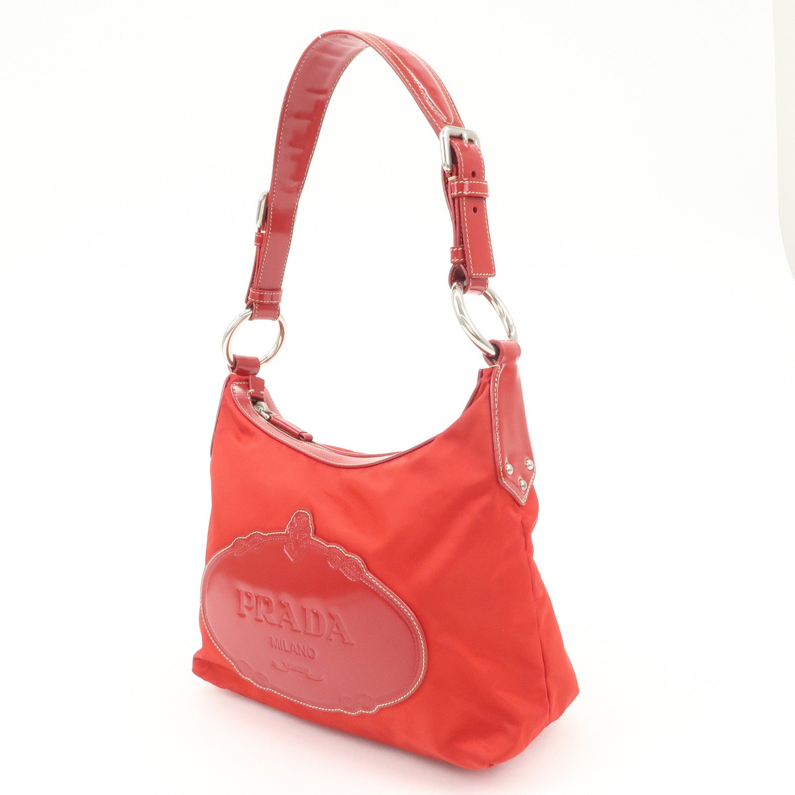 PRADA Logo Nylon Leather Shoulder Bag Silver HDW Red Used
